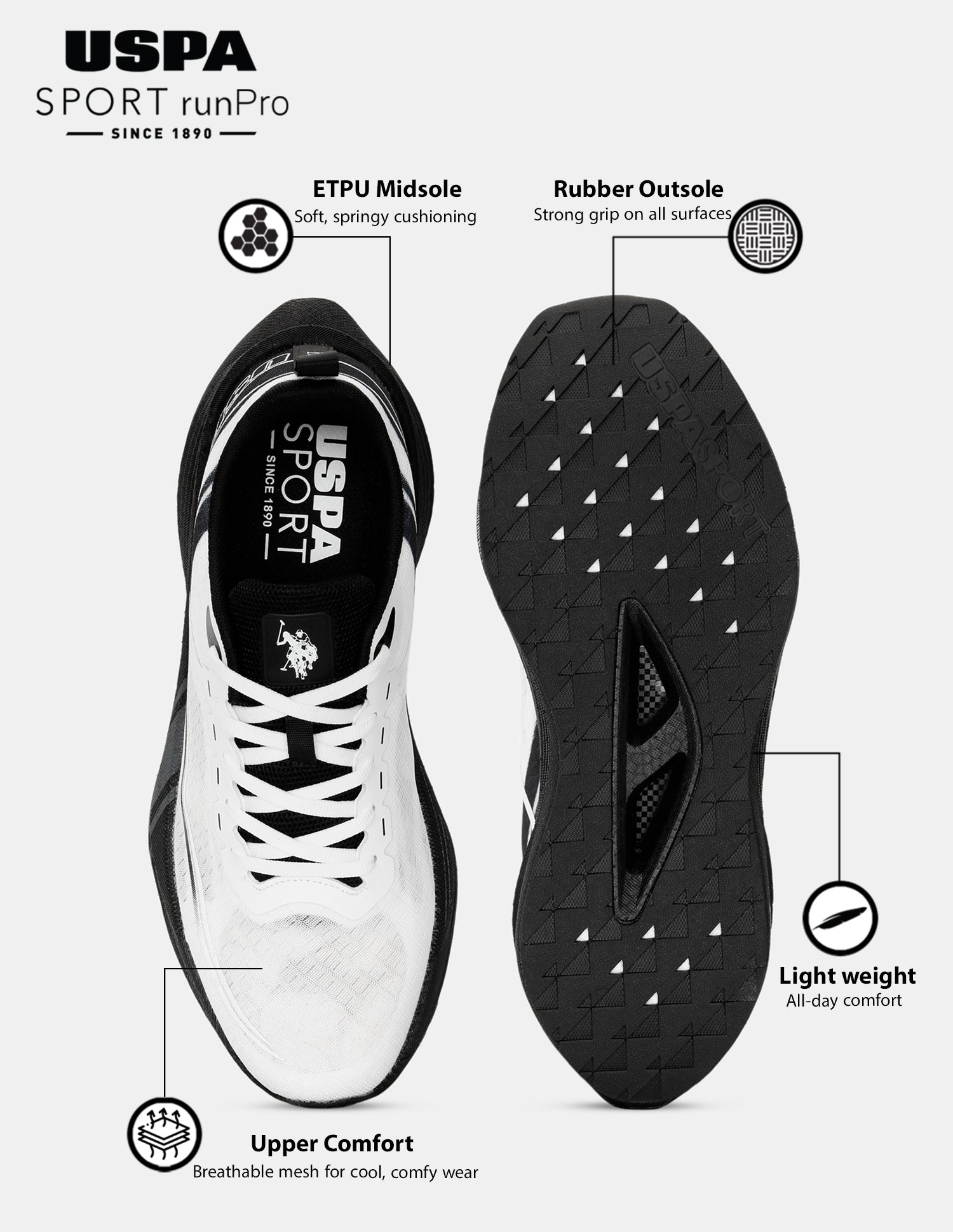 Men Erwin USPA Sport Runpro Running Shoes Light Grey - U.S. POLO ASSN. | Large