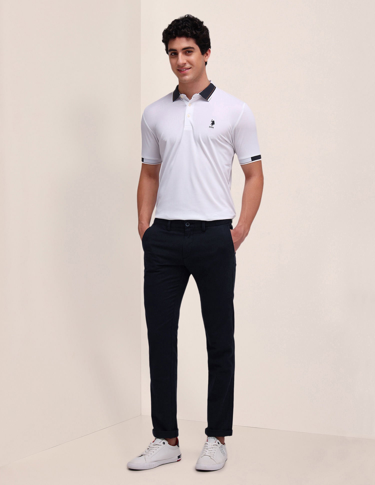 Denver Slim Fit Dobby Trousers Navy - U.S. Polo Assn. India | Large