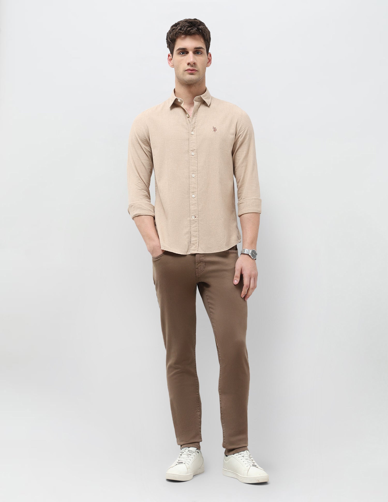 Twill Solid Regular Fit Shirt Beige - U.S. POLO ASSN. | Large