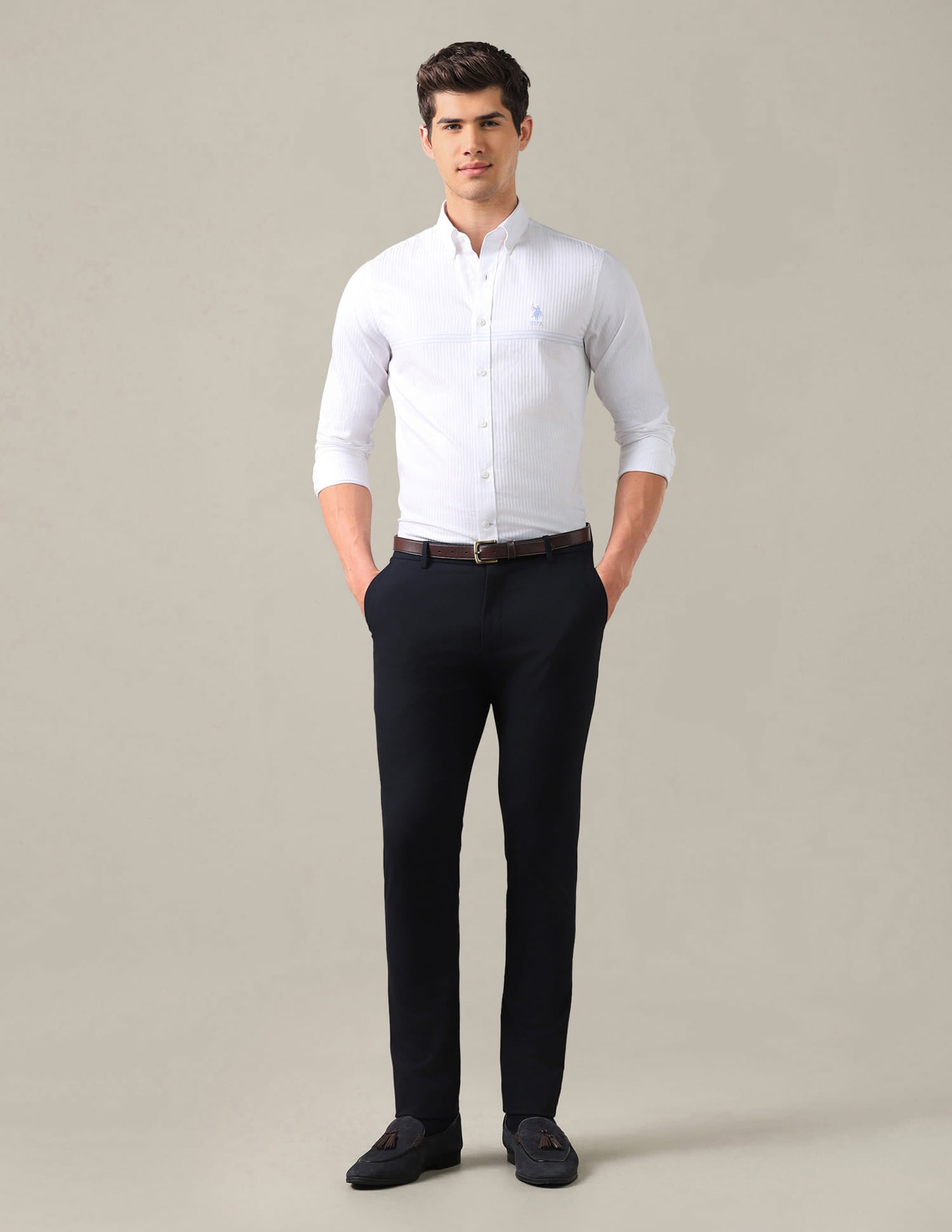 Tailored Fit Satin Button Down Shirt White - U.S. Polo Assn. India | Large