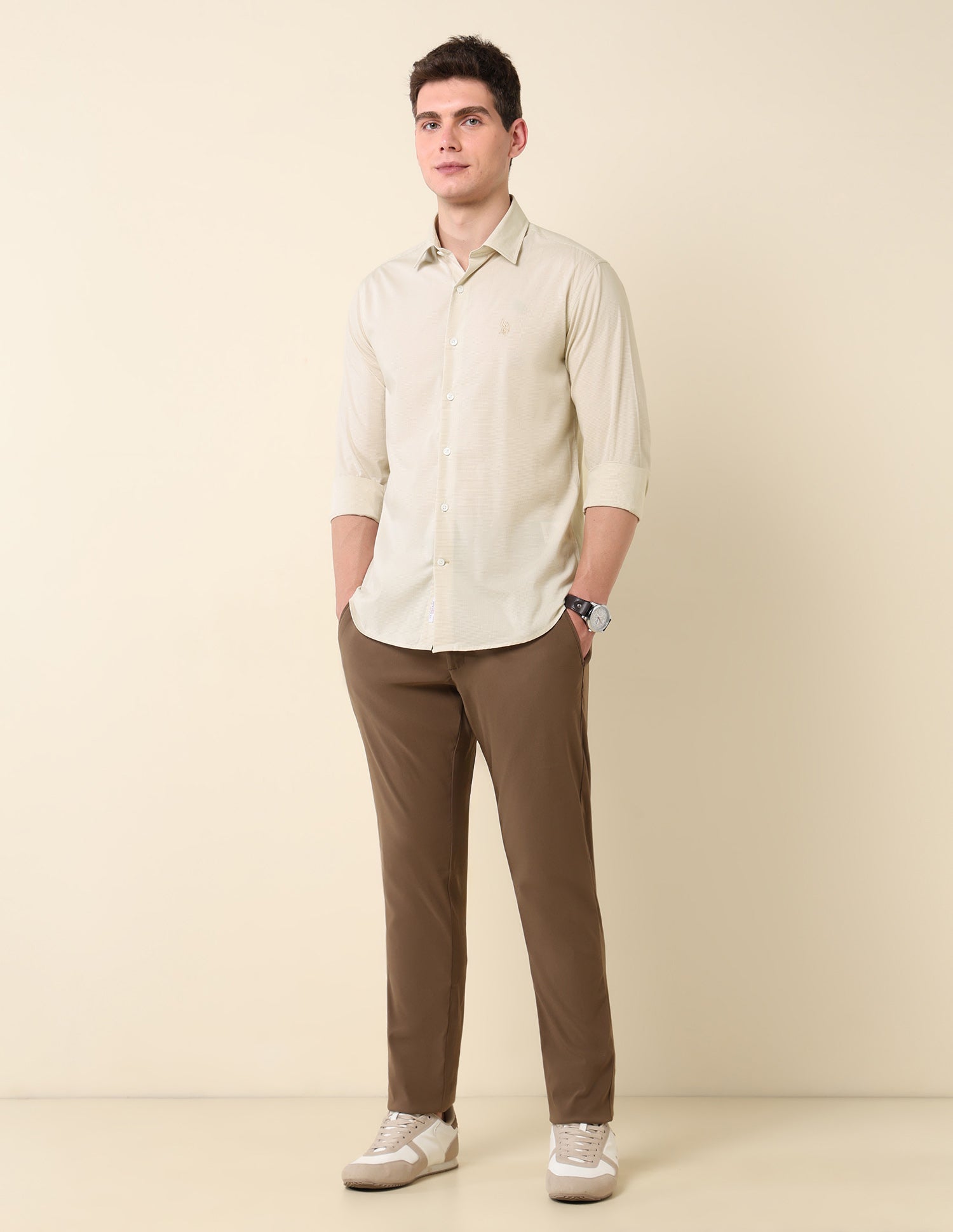 Micro Checked Tailored Fit Shirt Beige - U.S. Polo Assn. India | Large