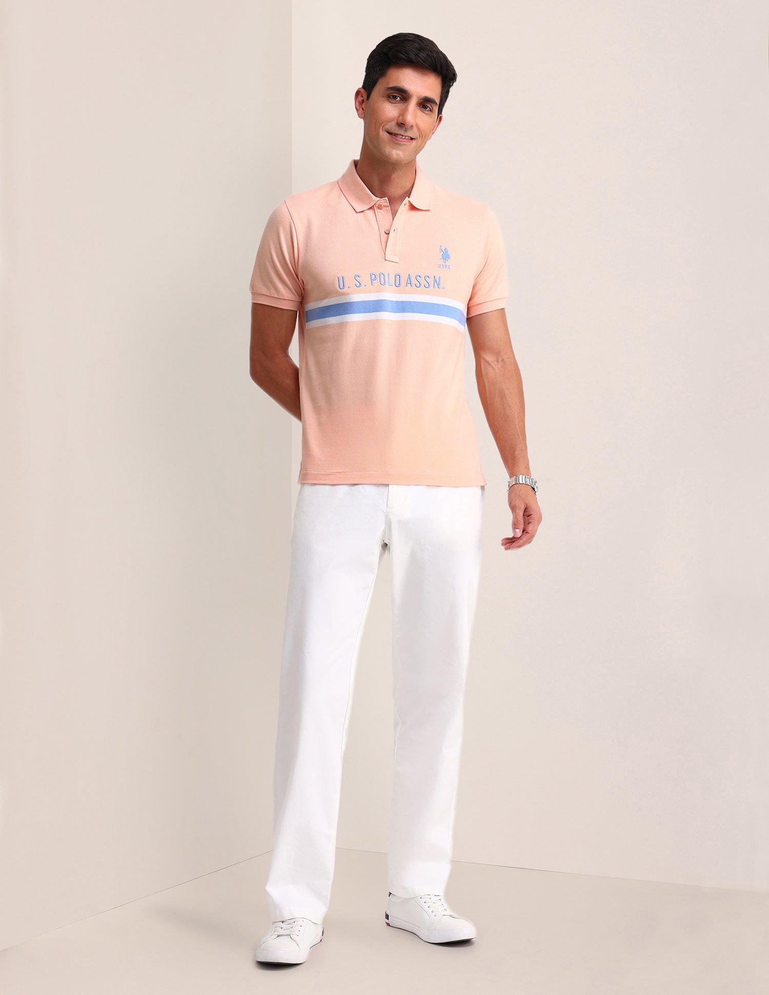 Horizontal Striped Slim Fit Polo Shirt Peach - U.S. POLO ASSN. | Large