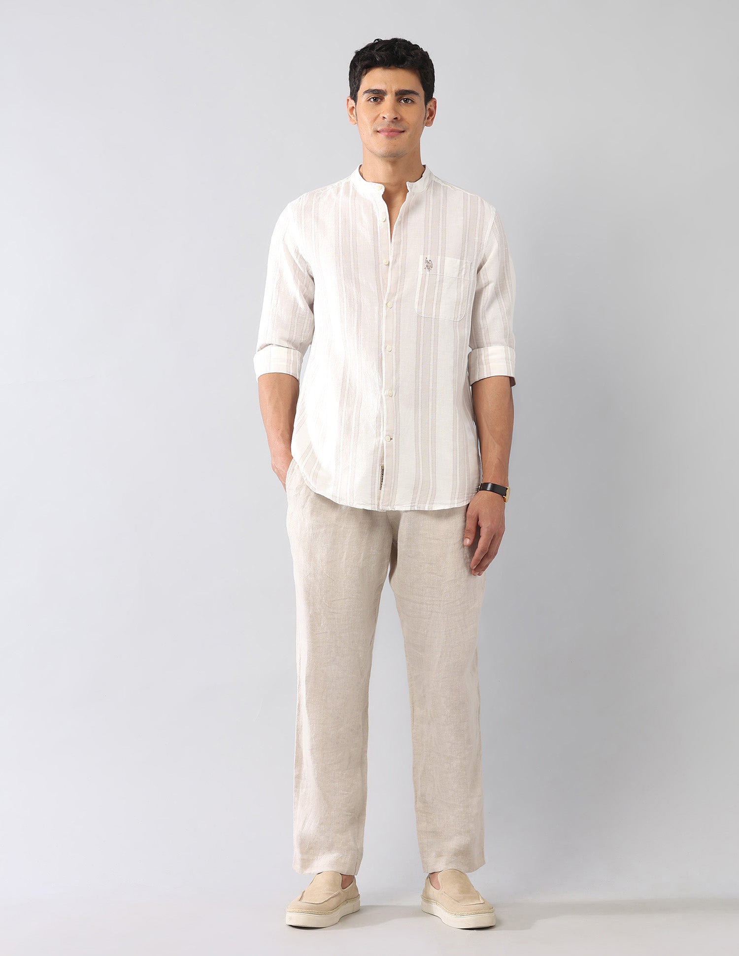 Vertical Striped Poplin Regular Fit Shirt Ecru - U.S. Polo Assn. India | Large