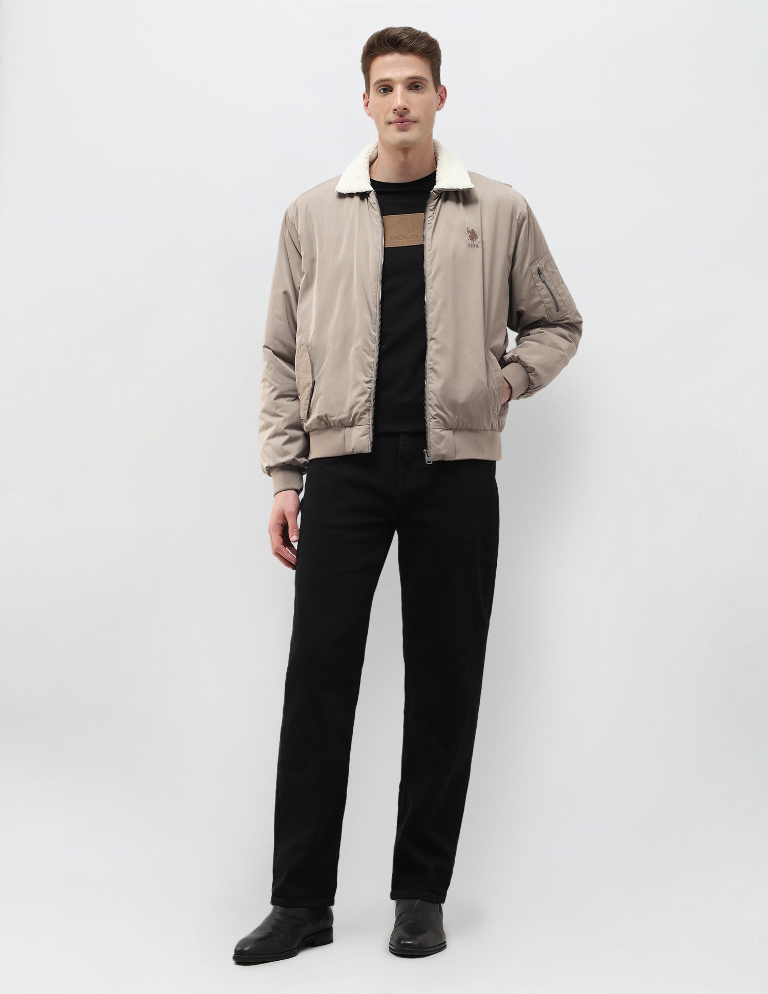 Solid Regular Fit Bomber Jacket Coffee - U.S. Polo Assn. India | Large