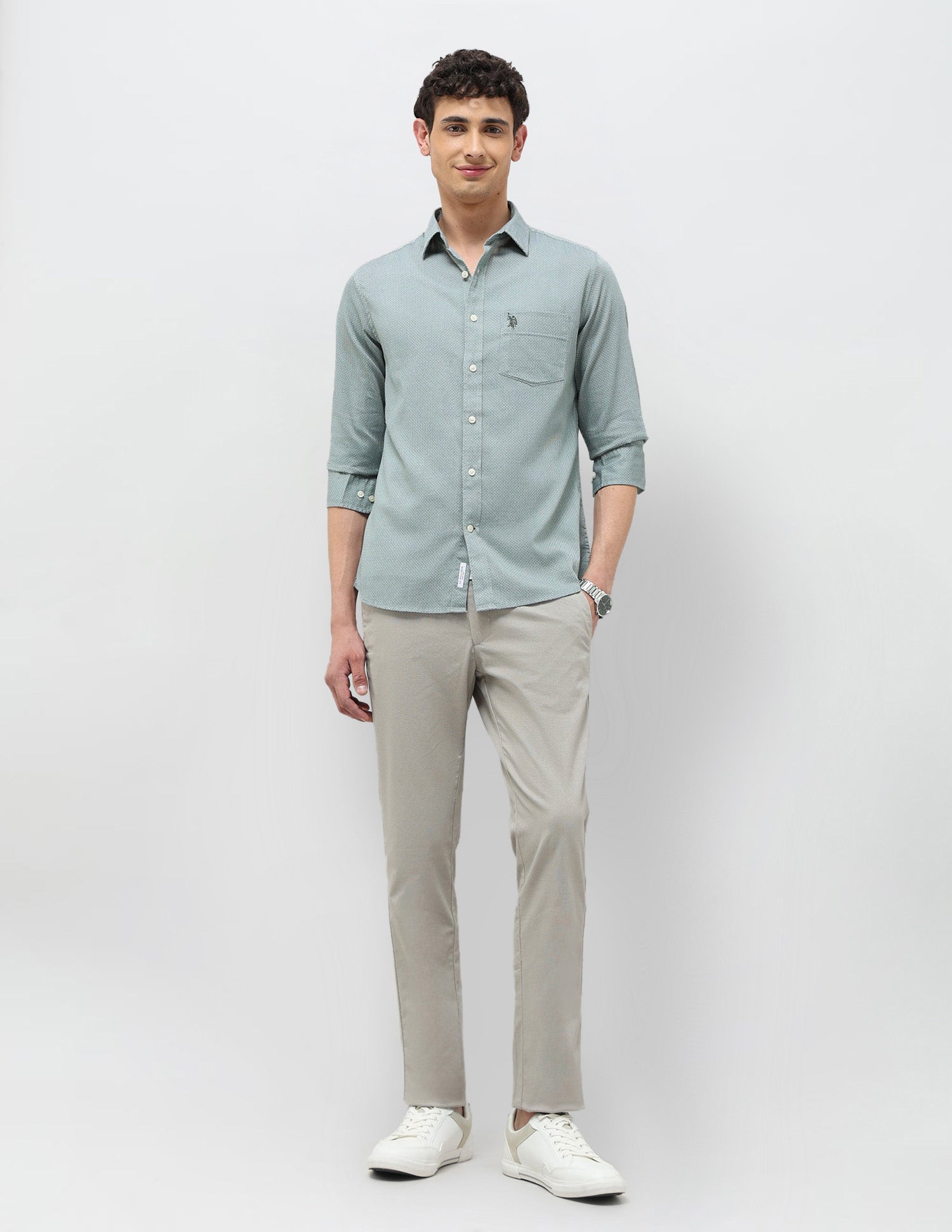 All Over Printed Tailored Fit Shirt Olive - U.S. Polo Assn. India | Large