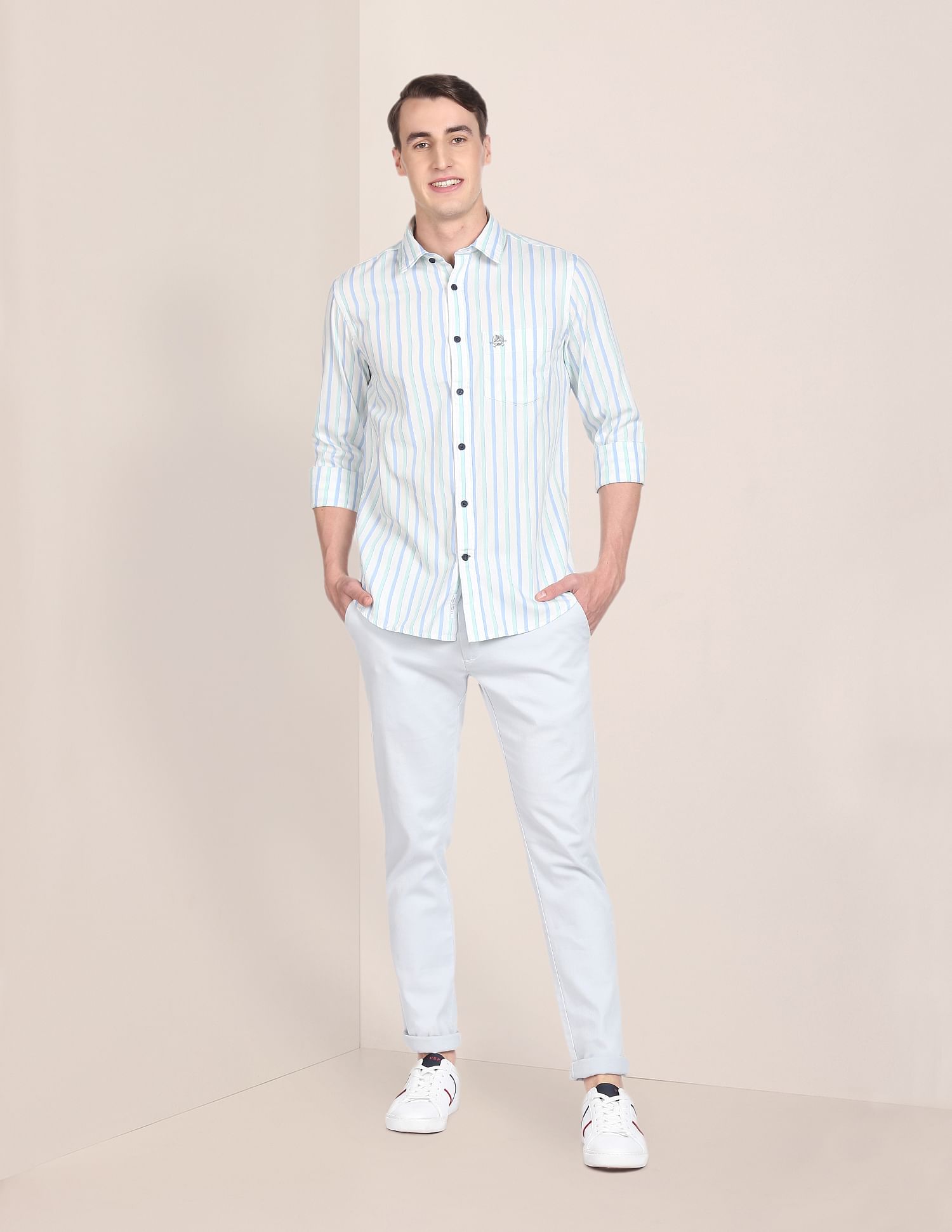 Vertical Stripe Dobby Casual Shirt White and Mint - U.S. Polo Assn. India | Large