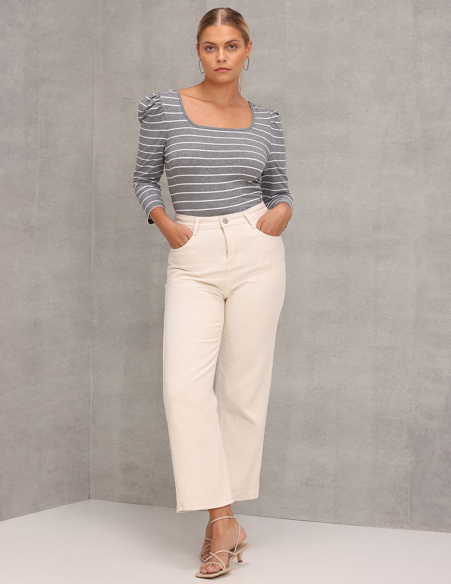 Puff Sleeve Scoop Neck Striped Top Grey - U.S. Polo Assn. India | Large