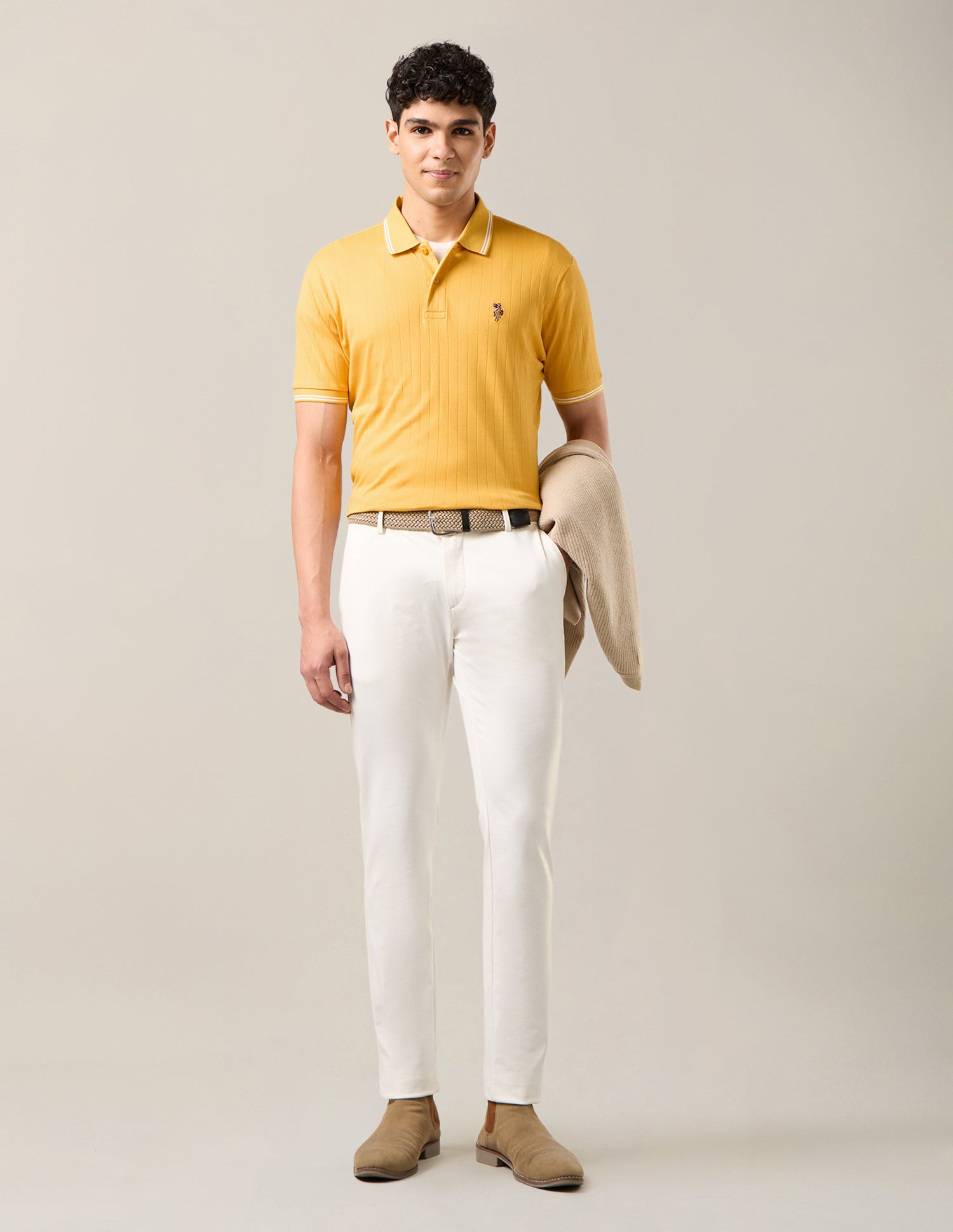 Patterned Knit Slim Fit Polo Shirt Mustard - U.S. Polo Assn. India | Large