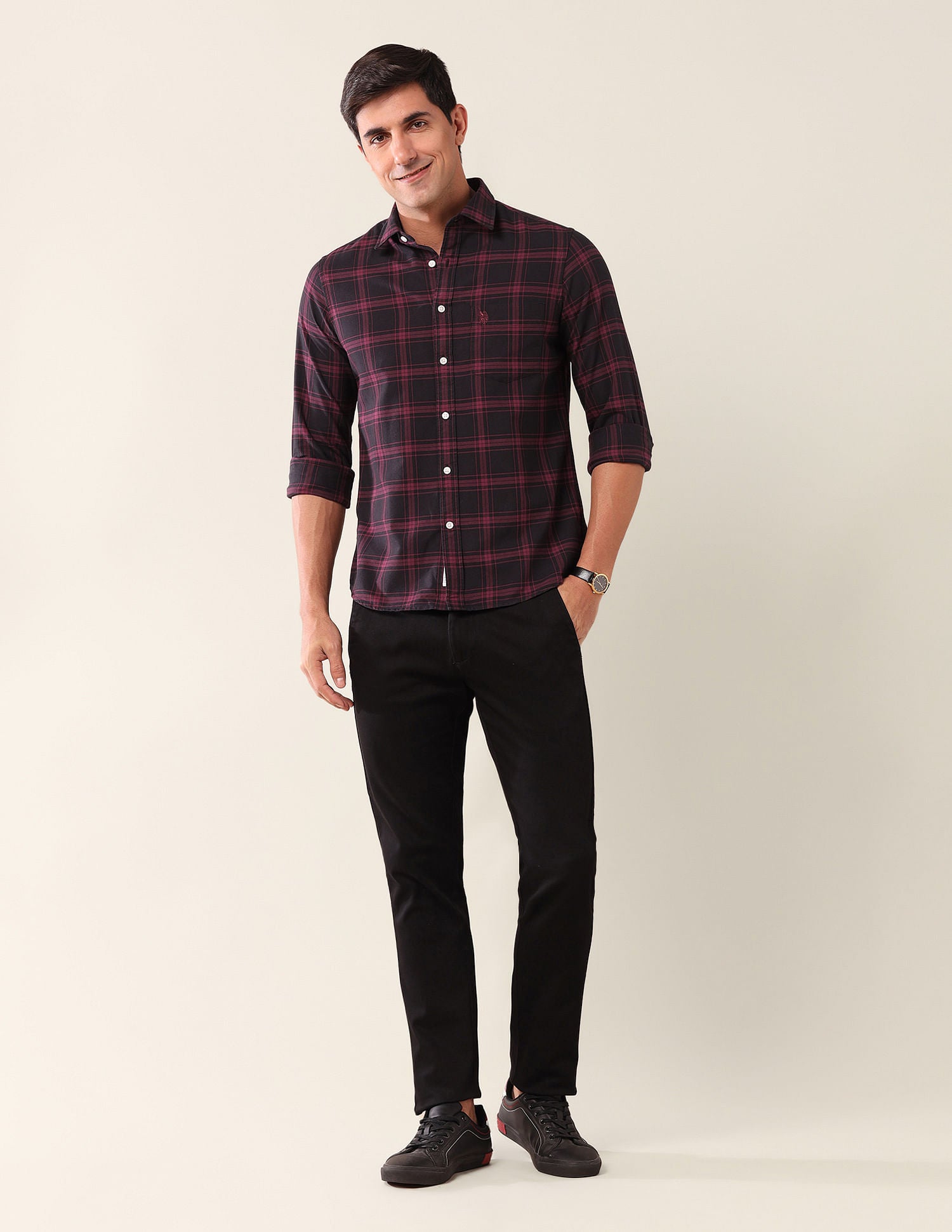 Tailored Fit Checked Shirt Maroon - U.S. Polo Assn. India | Large