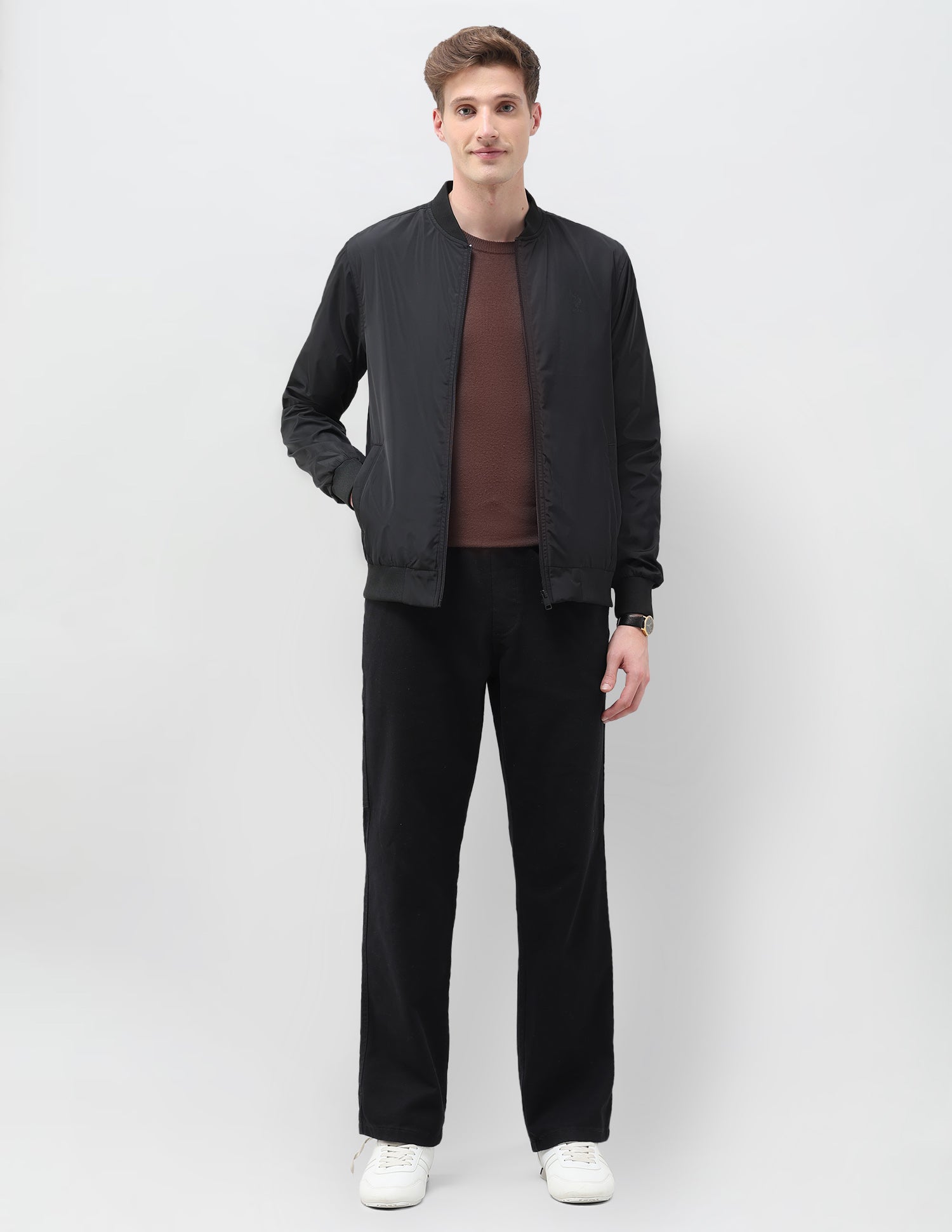 Solid Regular Fit Bomber Jacket Black - U.S. Polo Assn. India | Large