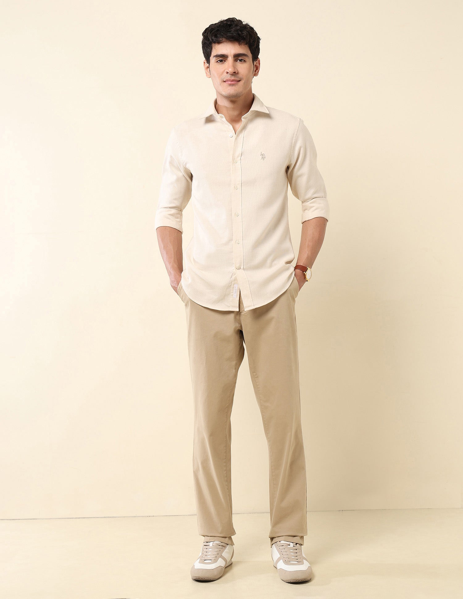 Tailored Fit Pure Cotton Dobby Shirt Khaki - U.S. Polo Assn. India | Large