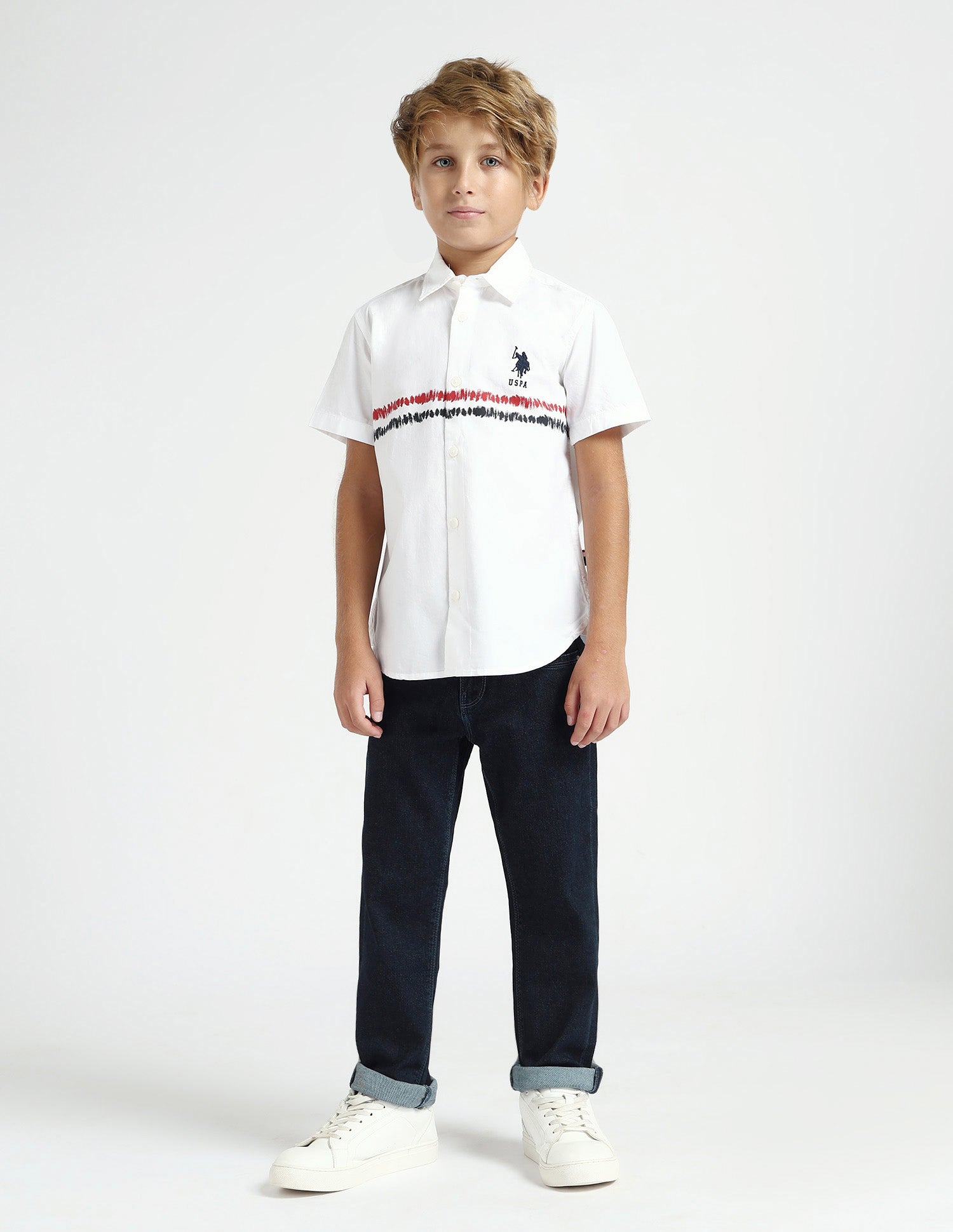 Boys Abstract Printed Regular Fit Shirt White - U.S. POLO ASSN. | Large
