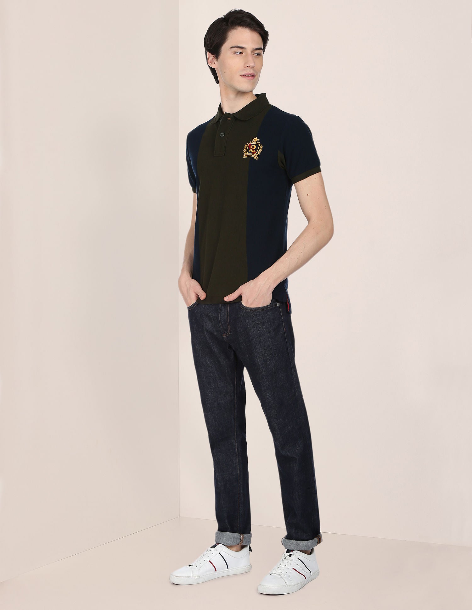 Vertical Stripe Crest Embroidered Polo Shirt Olive and Navy - U.S. Polo Assn. India | Large