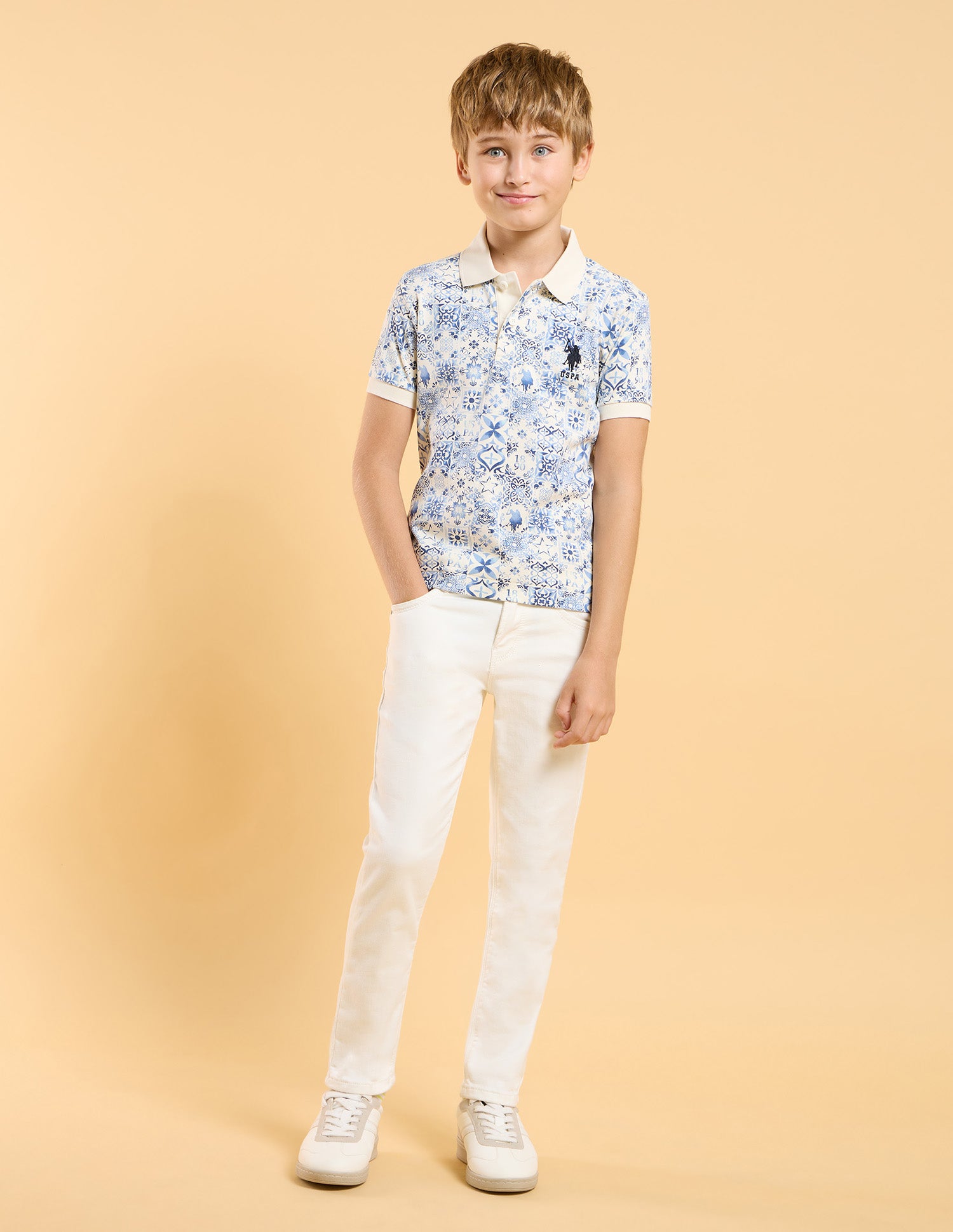 Boys All Over Printed Regular Fit Polo Shirt White - U.S. POLO ASSN. | Large