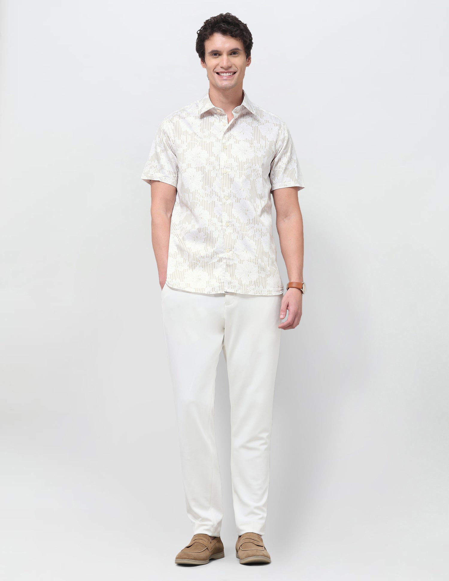 Vertical Striped With Floral Printed Satin Shirt Beige - U.S. Polo Assn. India | Large
