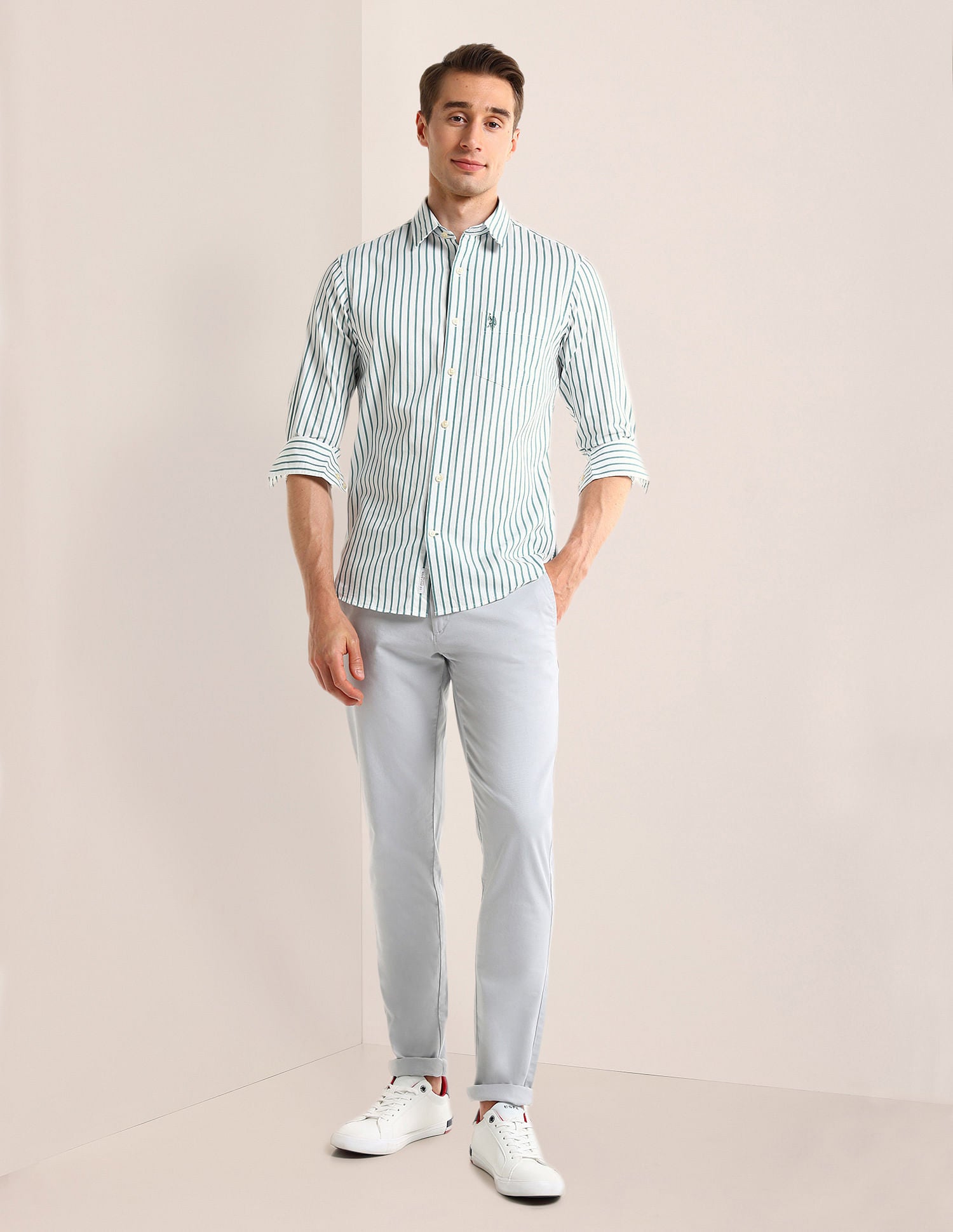 Tailored Fit Vertical Striped Shirt Off-White - U.S. Polo Assn. India | Large