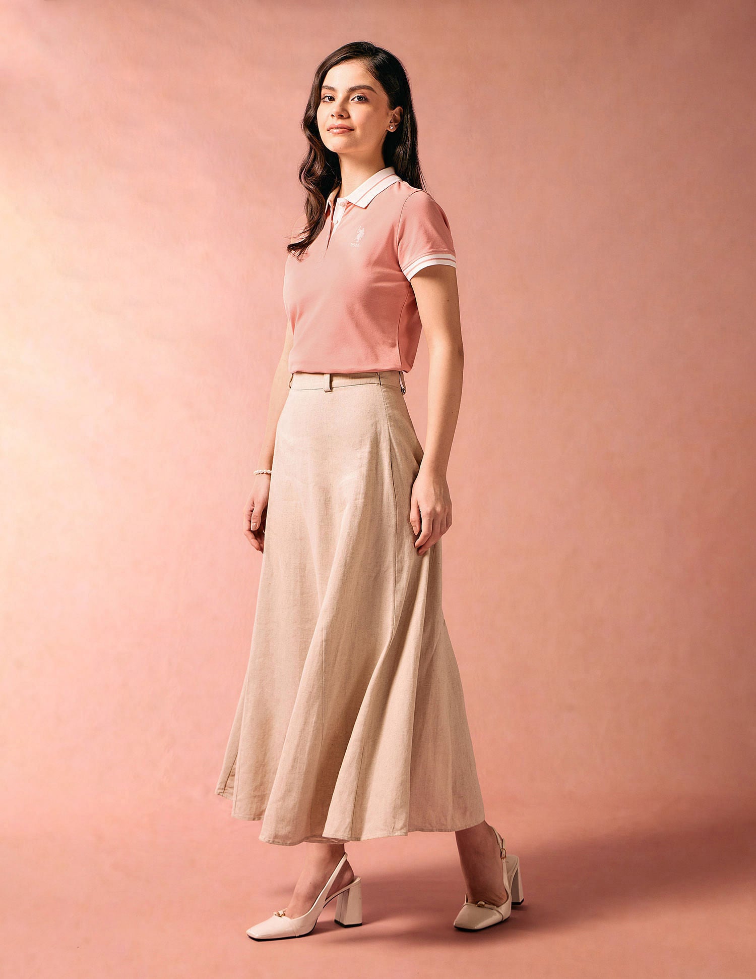 Contrast Striped Collar Solid Polo Shirt Peach - U.S. POLO ASSN. | Large