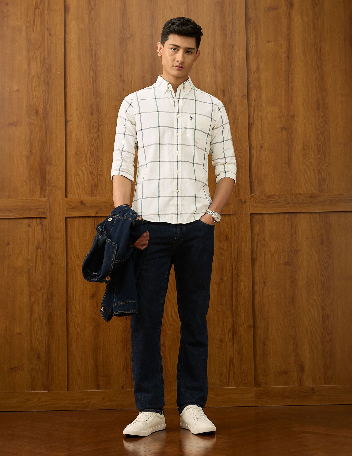 Windowpane Checked Tailored Fit Varsity Shirt Ivory - U.S. POLO ASSN. | Large