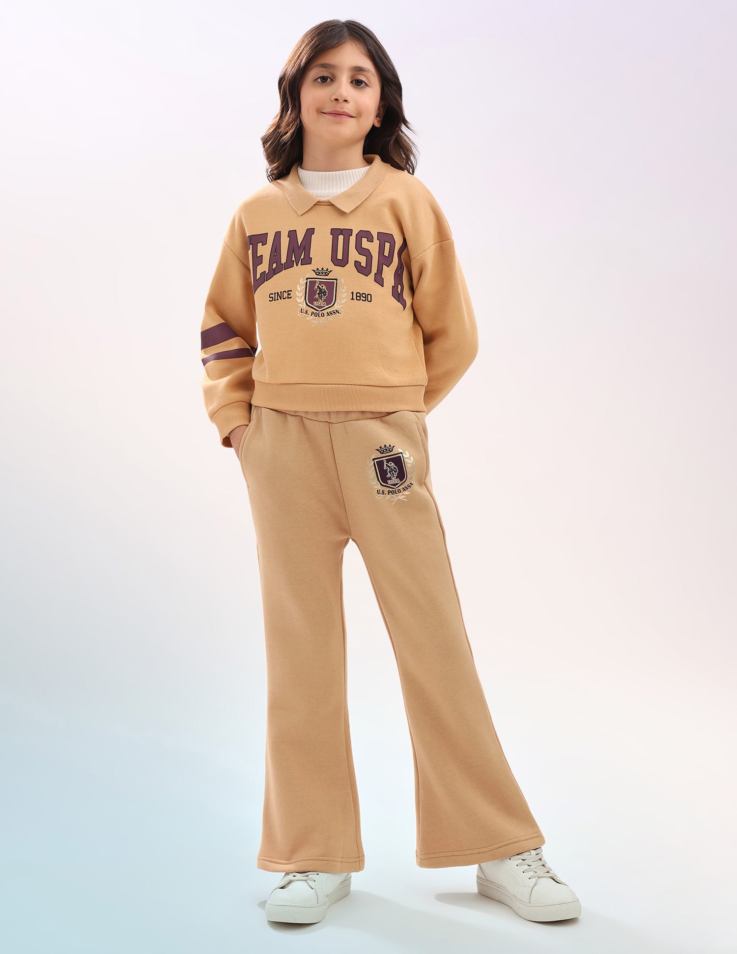 Girls Solid Regular Fit Flared Track Pants Beige - U.S. POLO ASSN. | Large