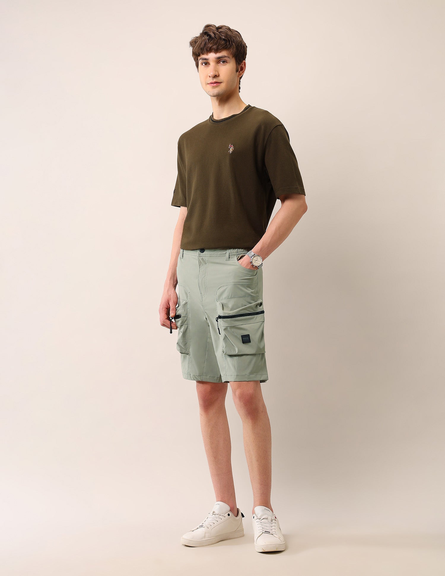 Regular Fit Solid Cargo Shorts Light Green - U.S. Polo Assn. India | Large