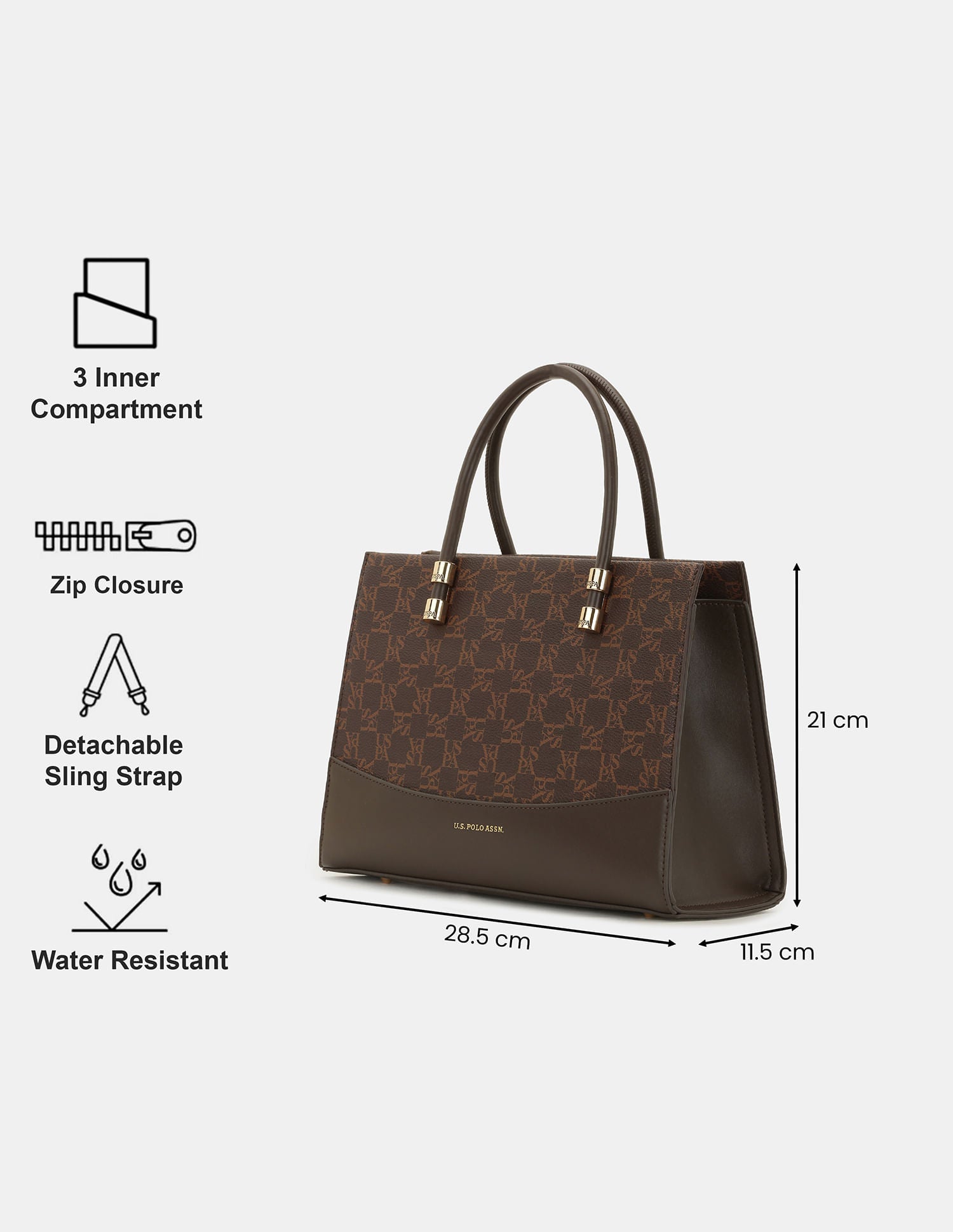 Women Bijou Satchel Bag with Sling Strap Brown - U.S. POLO ASSN. | Large