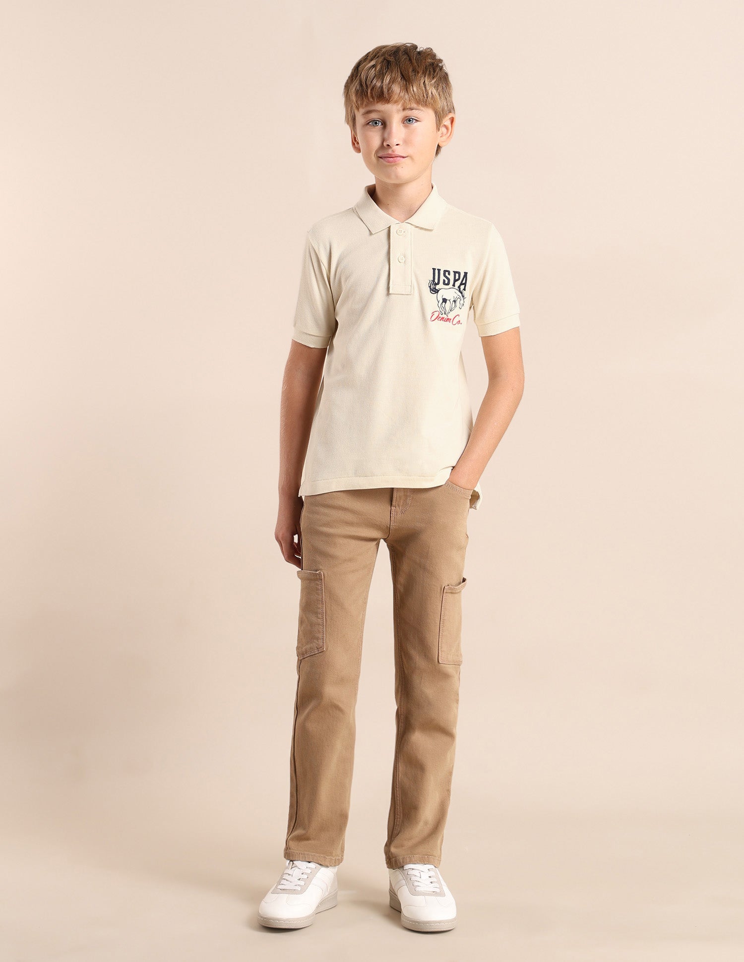 Boys Brand Printed Regular Fit Polo Shirt Beige - U.S. POLO ASSN. | Large