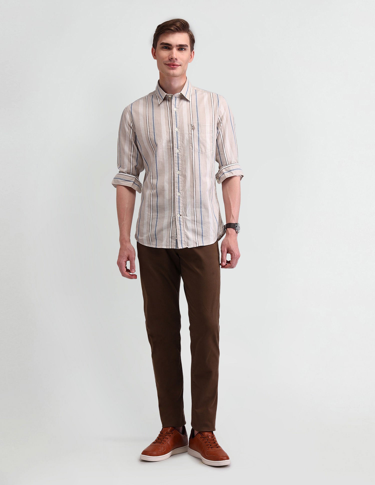 Vertical Striped Slim Fit Dobby Shirt Khaki - U.S. POLO ASSN. | Large