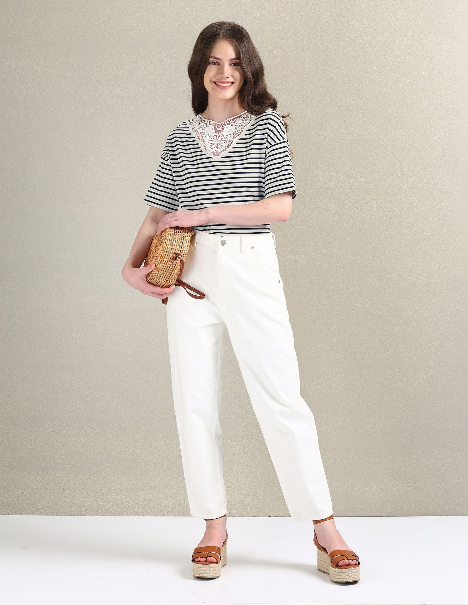 Lace Overlay Striped T-Shirt White - U.S. Polo Assn. India | Large