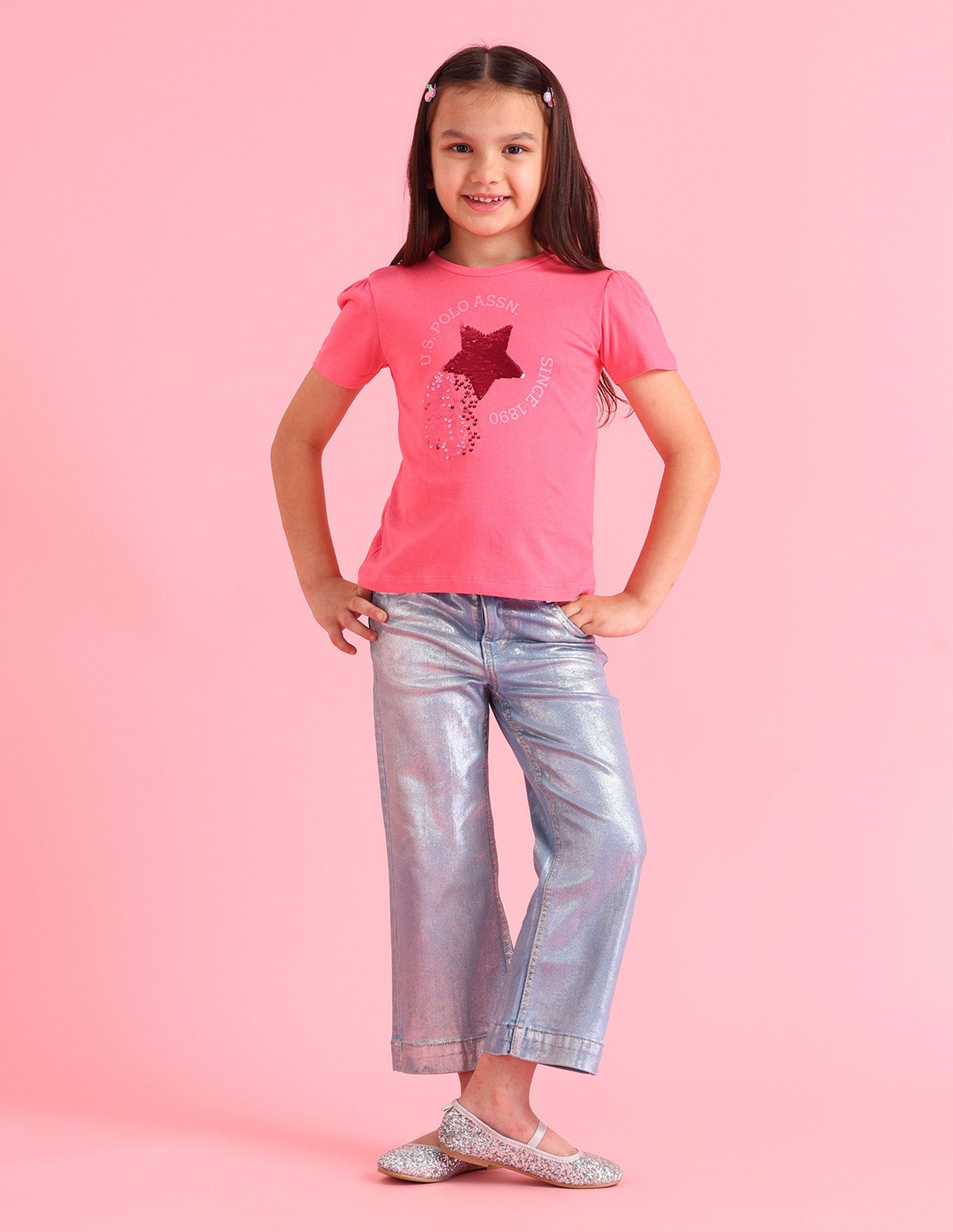Girls Embellished Regular Fit T-Shirt Pink - U.S. POLO ASSN. | Large