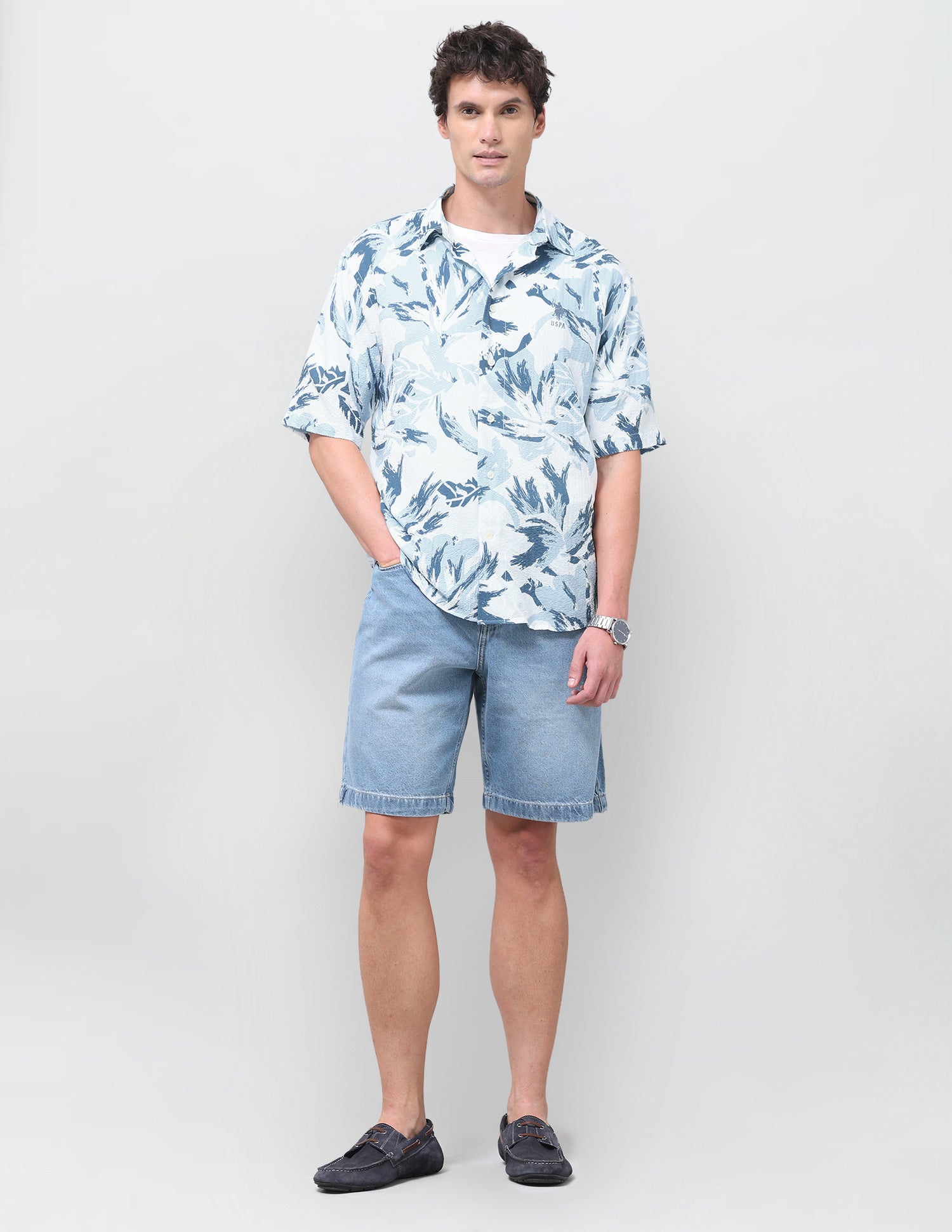 Floral Printed Seersucker Shirt Light Blue - U.S. Polo Assn. India | Large