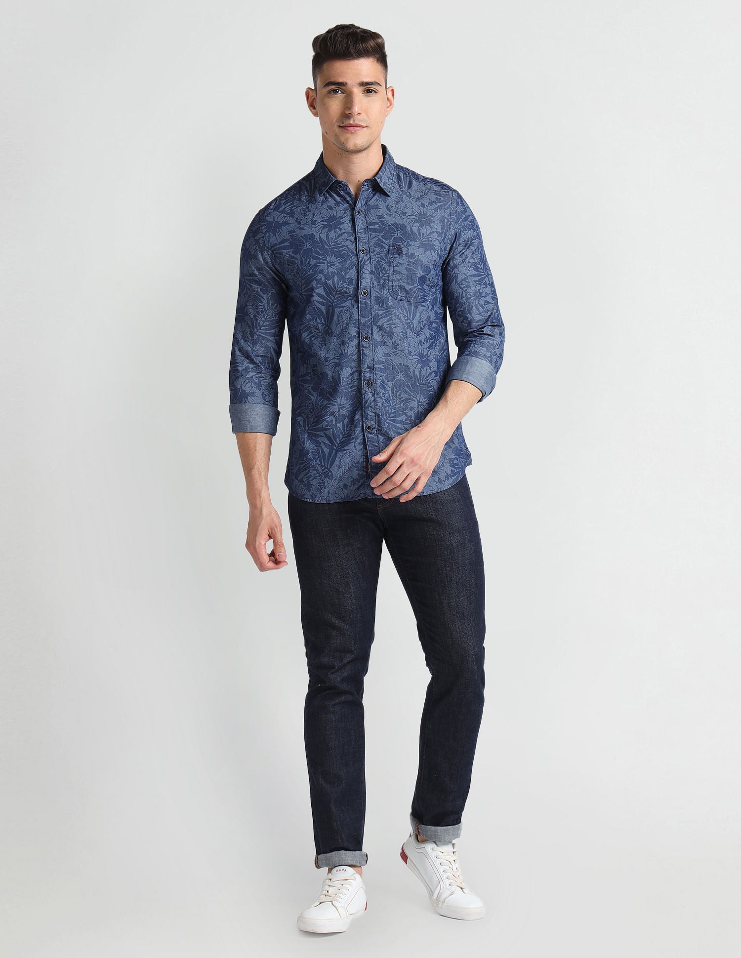 Floral Print Chambray Shirt Blue - U.S. Polo Assn. India | Large
