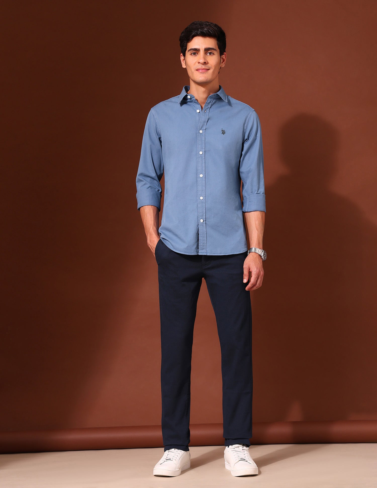 Pure Cotton Regular Fit Twill Shirt Blue - U.S. Polo Assn. India | Large