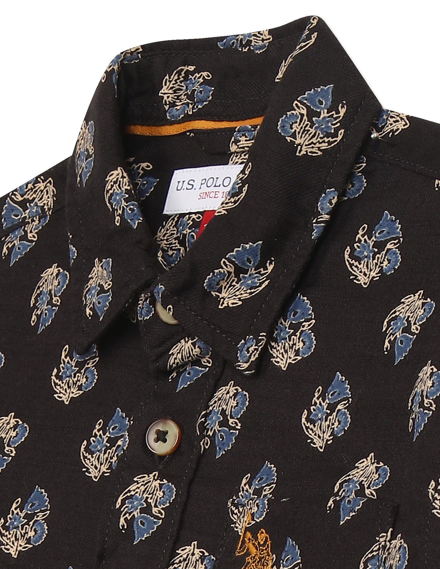 Boys Brown Spread Collar Printed Shirt Brown - U.S. Polo Assn. India | Large