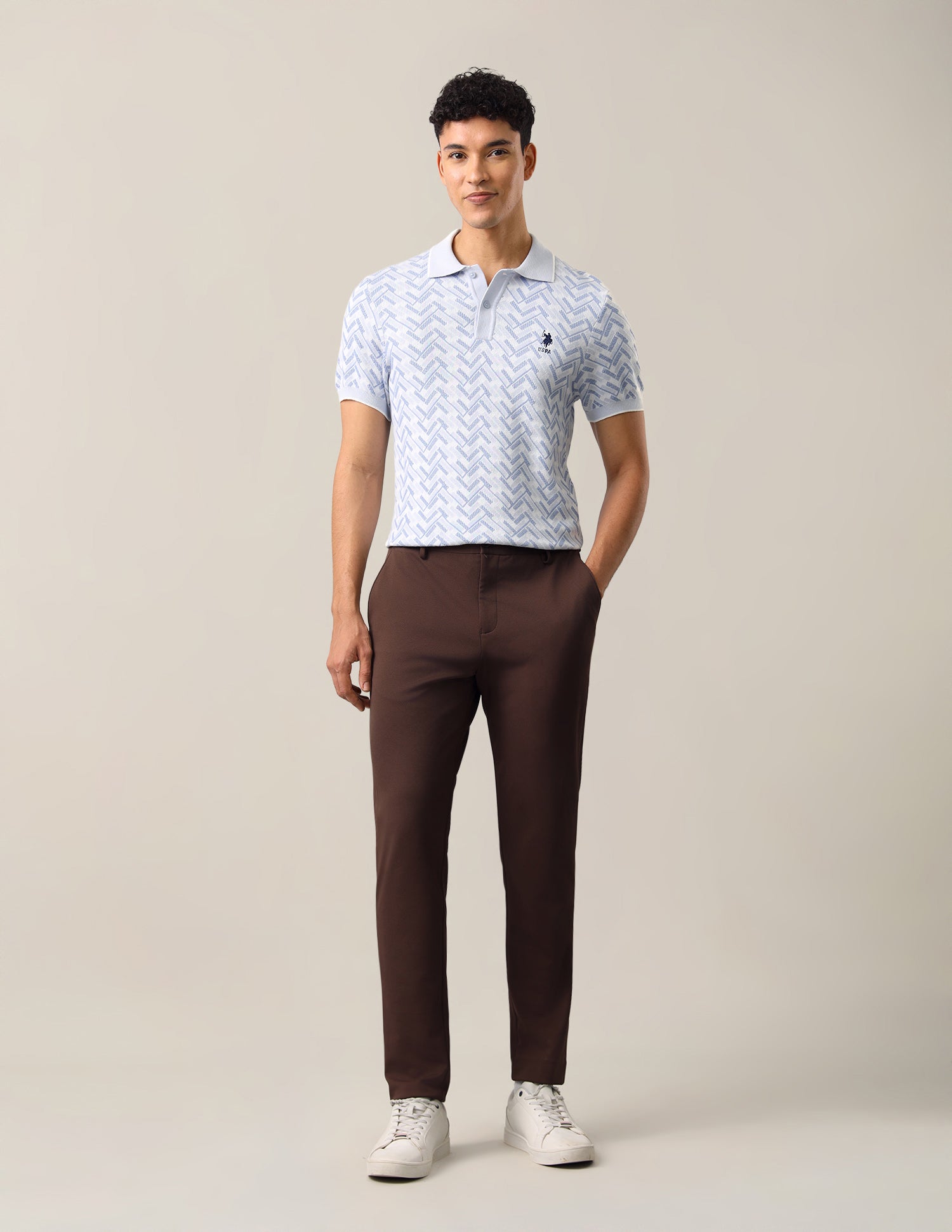 Geometric Patterned Knit Slim Fit Polo Shirt Blue - U.S. Polo Assn. India | Large
