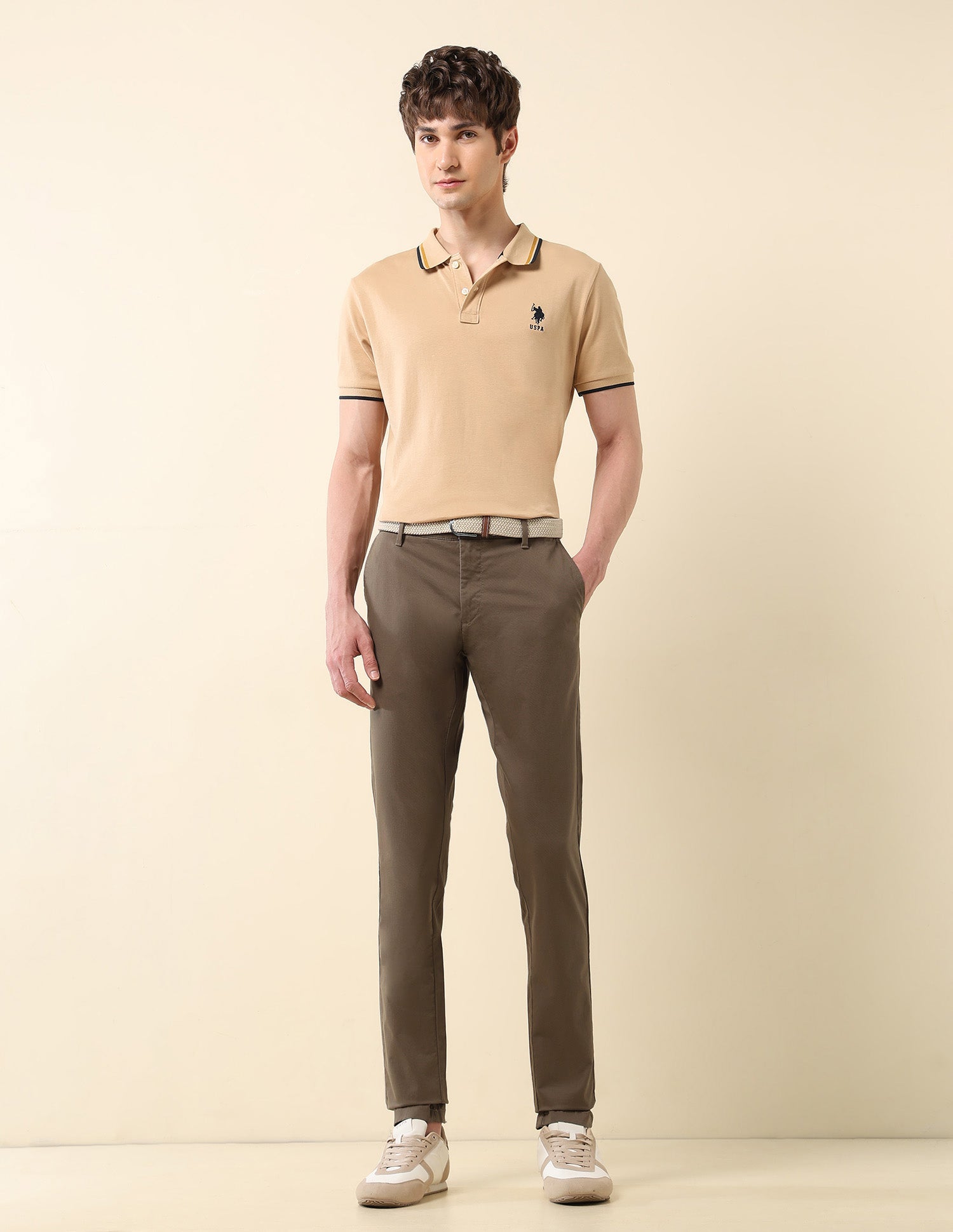 Textured Austin Slim Fit Trousers Brown - U.S. Polo Assn. India | Large