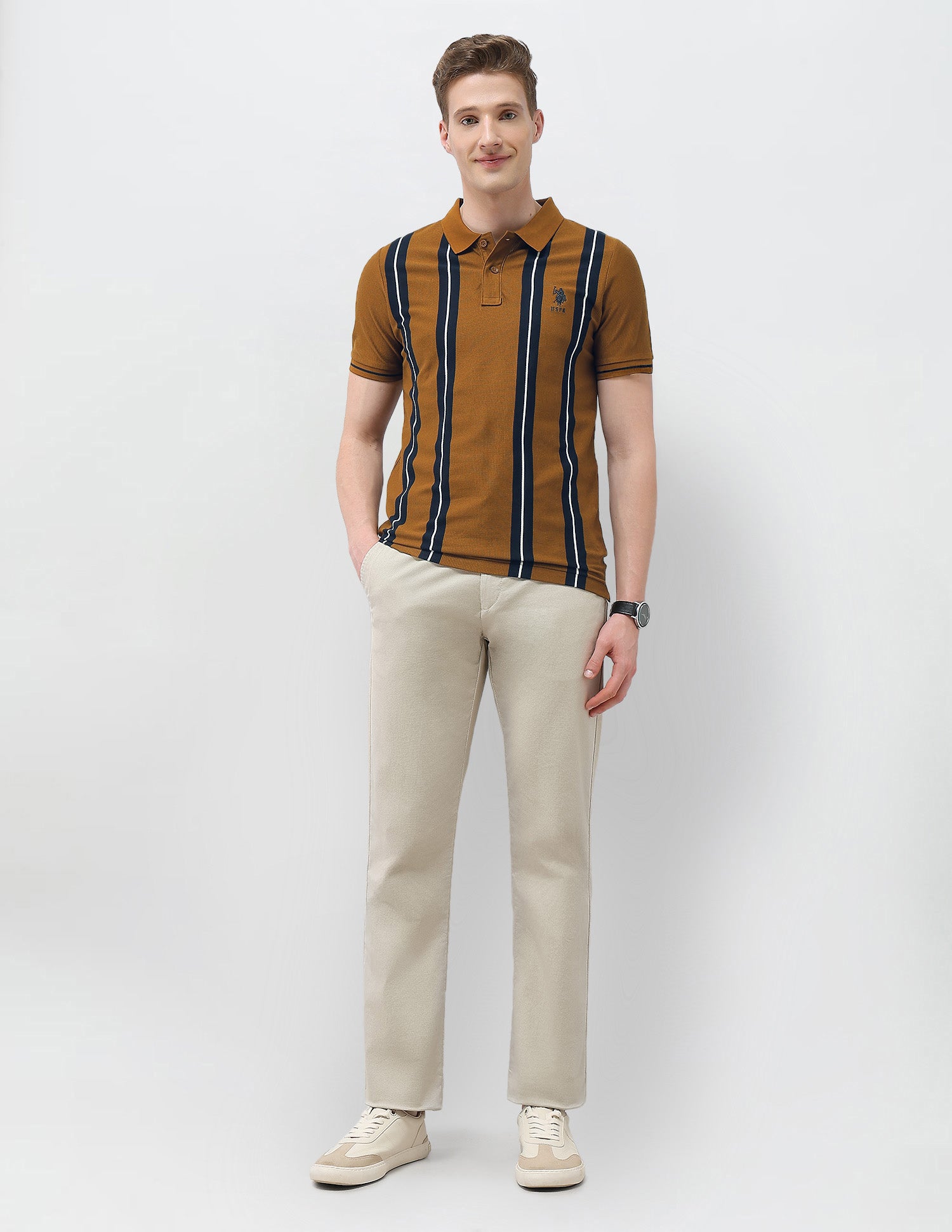 Vertical Striped Sotogrande Slim Fit Polo Shirt Brown - U.S. Polo Assn. India | Large