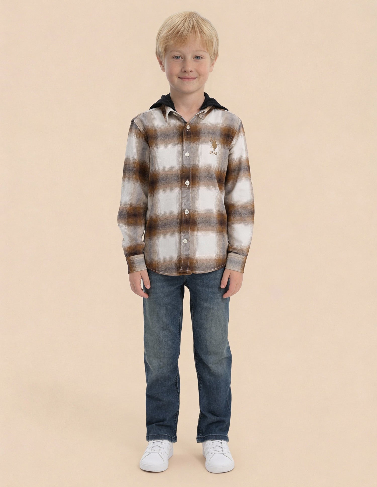 Boys Tartan Checked Regular Fit Shirt Beige - U.S. Polo Assn. India | Large