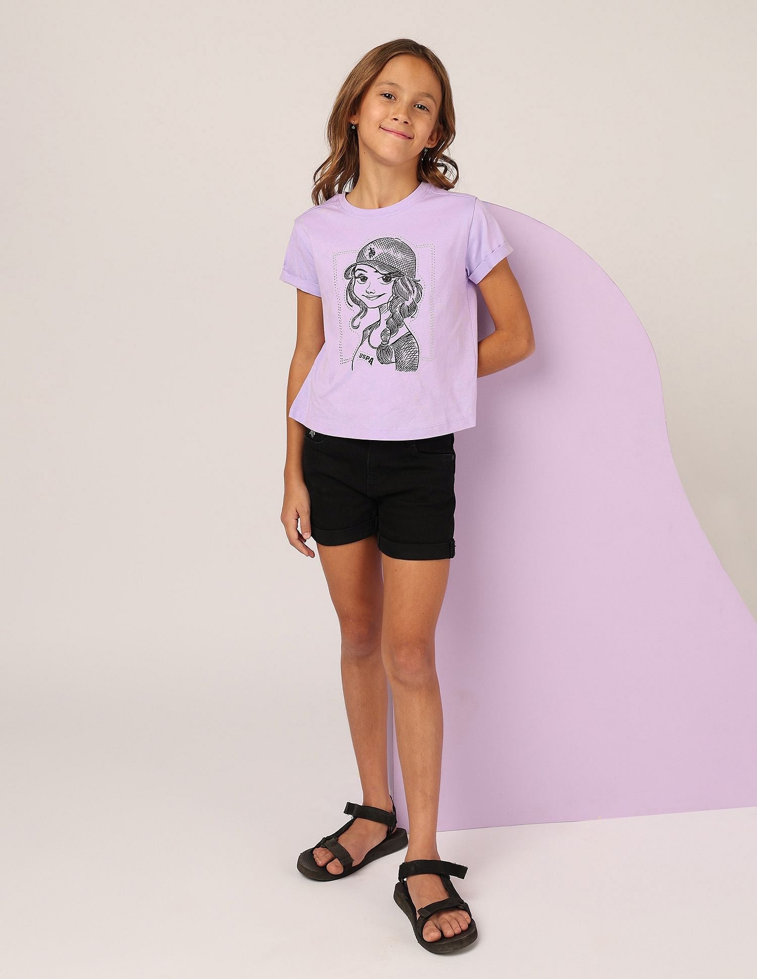 Girls Stud Detailed Relaxed Fit T-Shirt Light Purple - U.S. POLO ASSN. | Large