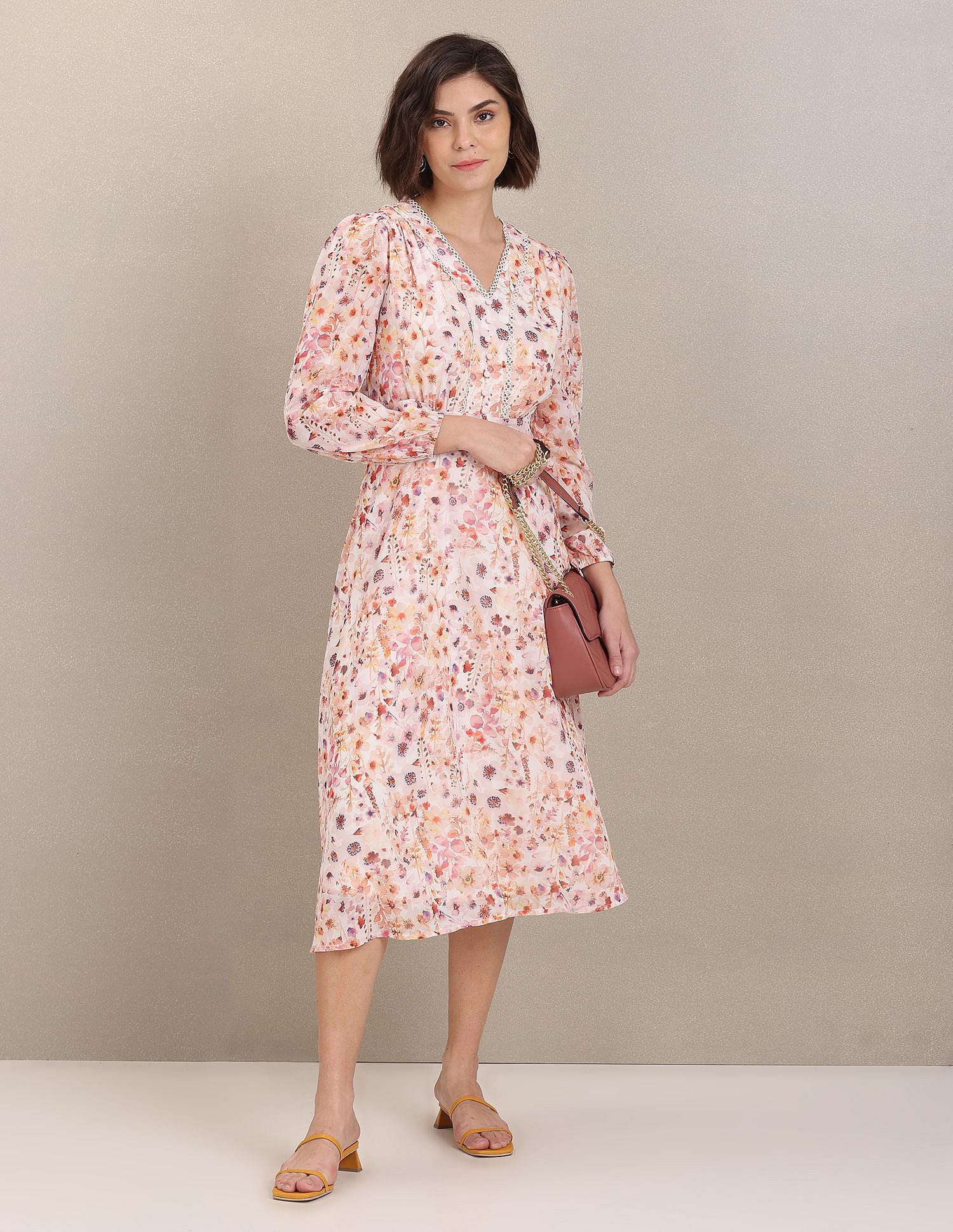 V-Neck Floral Print Fit And Flare Dress White and Pink - U.S. Polo Assn. India | Large