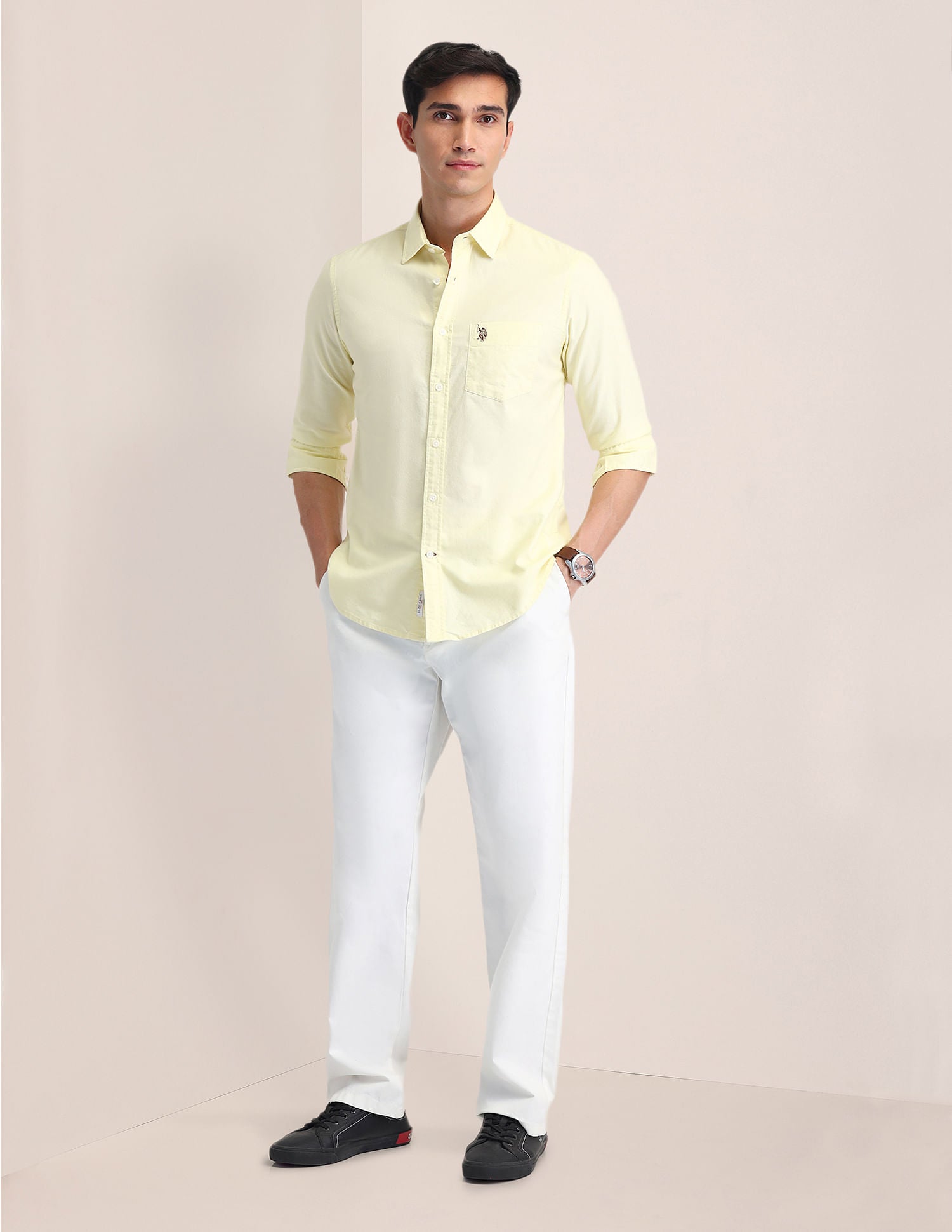 Tailored Fit Oxford Solid Shirt Light Yellow - U.S. Polo Assn. India | Large
