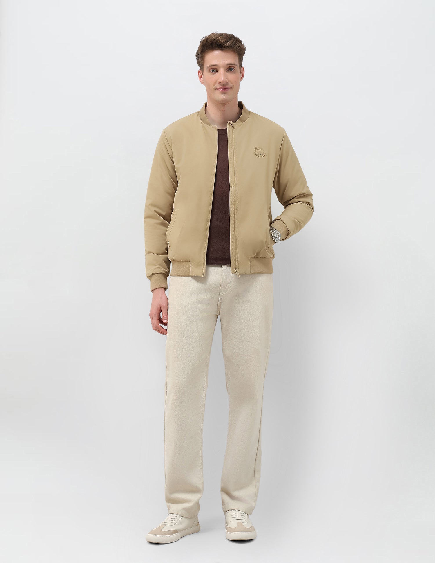 Solid Regular Fit Bomber Jacket Khaki - U.S. Polo Assn. India | Large