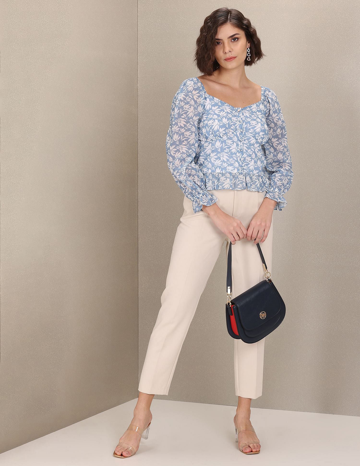 Long Sleeve Floral Print Top Light Blue - U.S. Polo Assn. India | Large