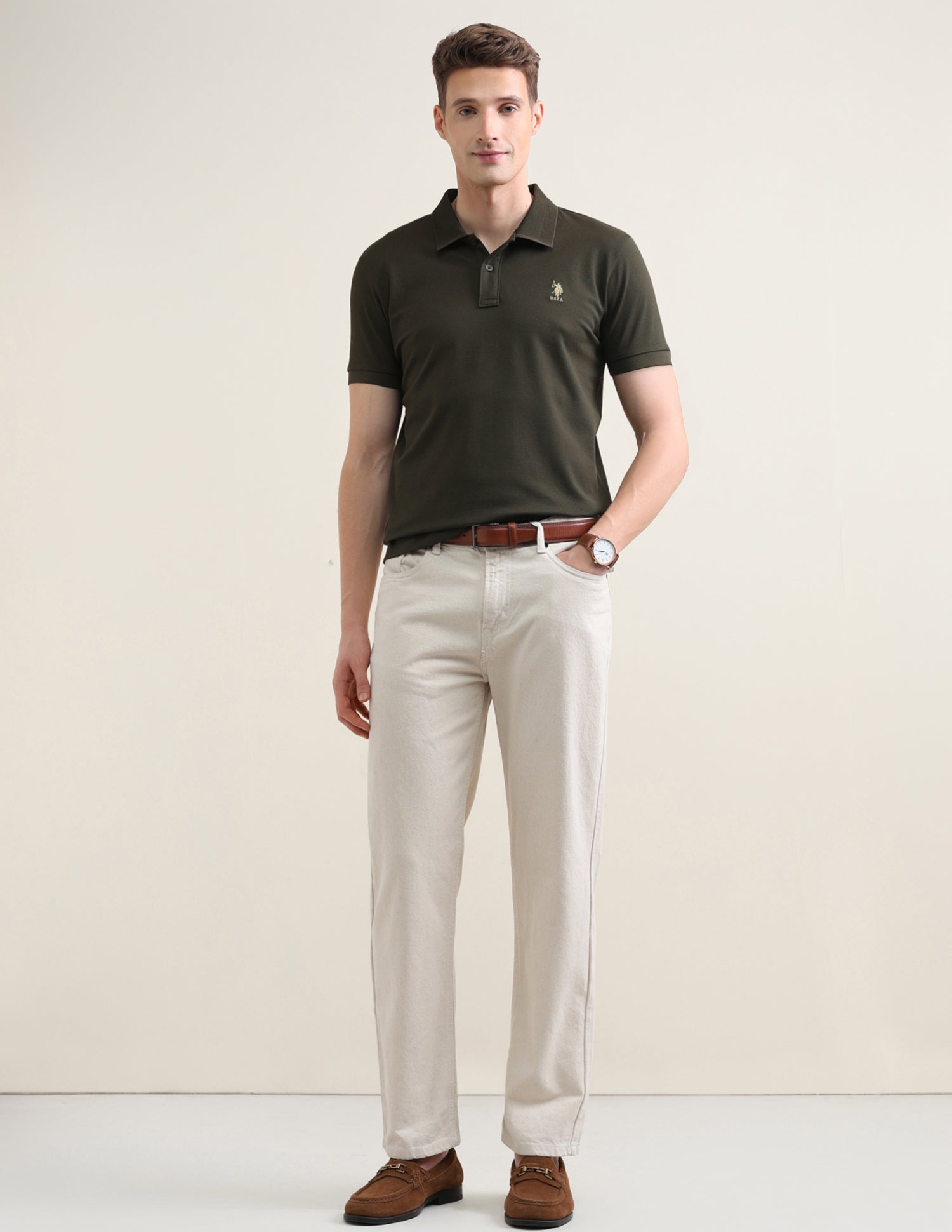 Solid Slim Fit Polo Shirt Olive - U.S. Polo Assn. India | Large
