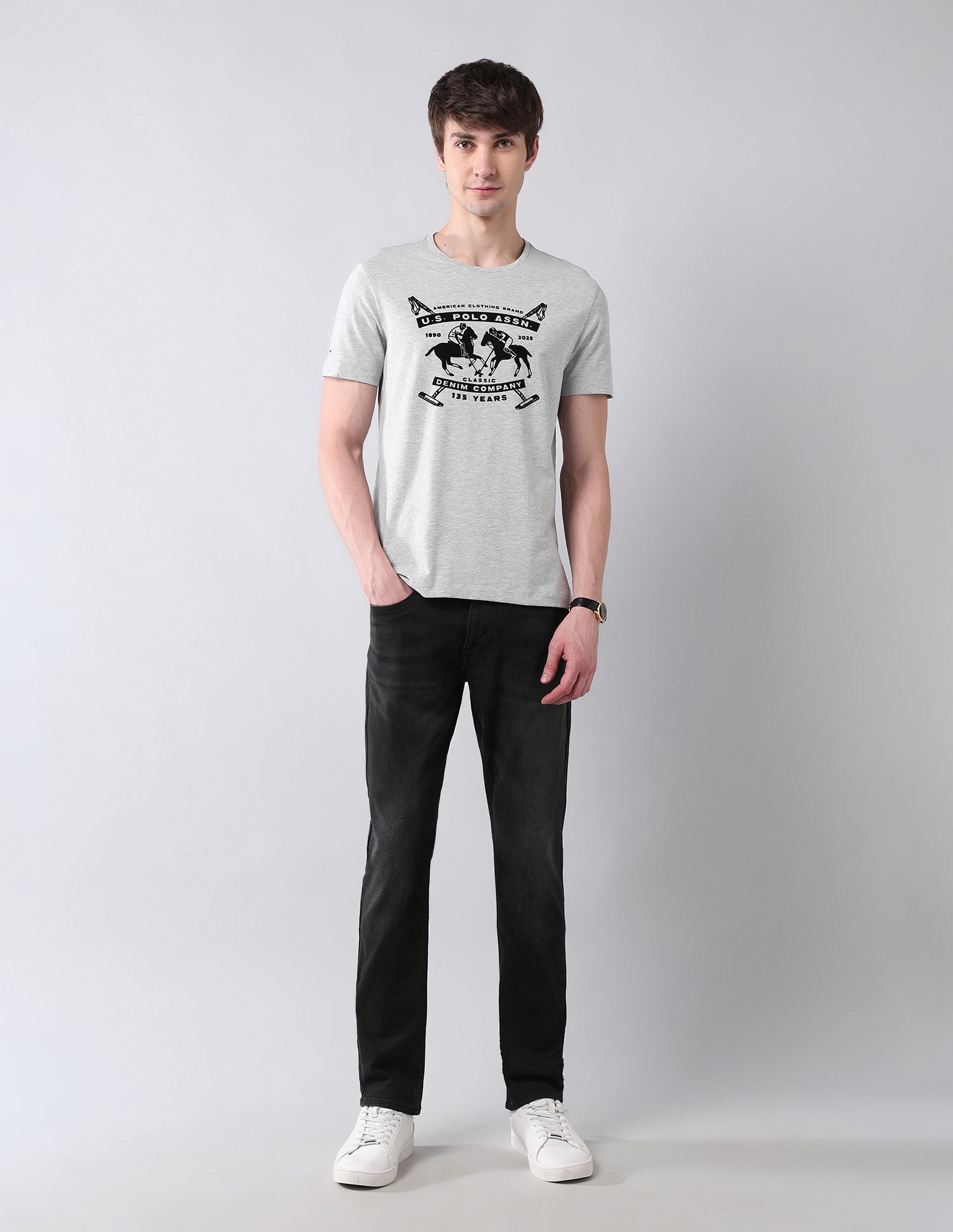 Brand Printed Pure Cotton Americana T-Shirt Grey Melang - U.S. Polo Assn. India | Large