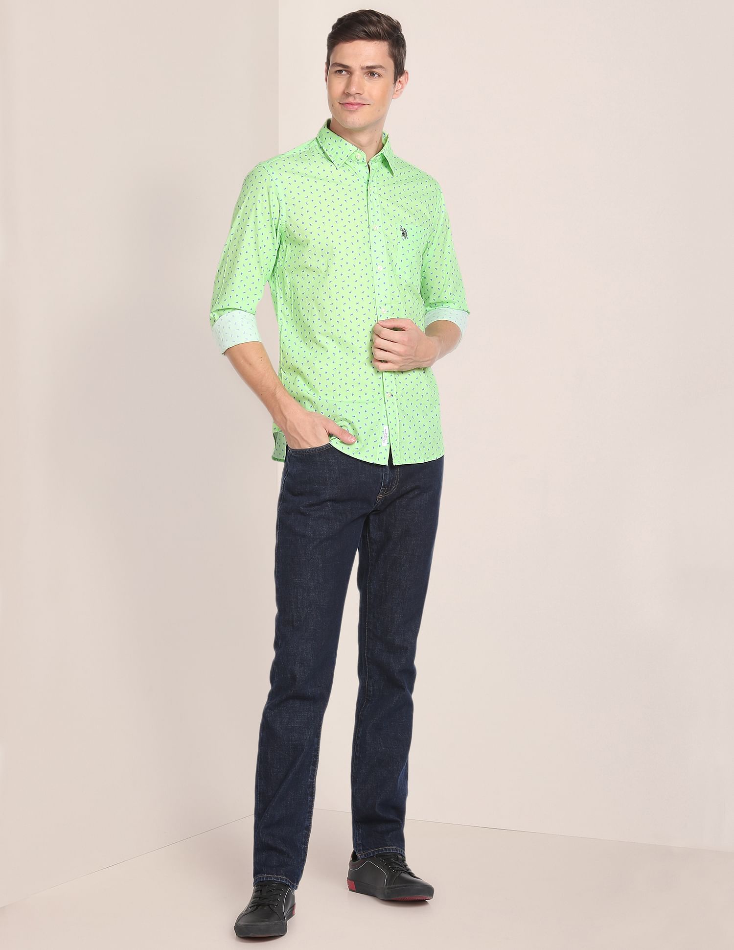 Rounded Cuff Cotton Printed Casual Shirt Green - U.S. Polo Assn. India | Large