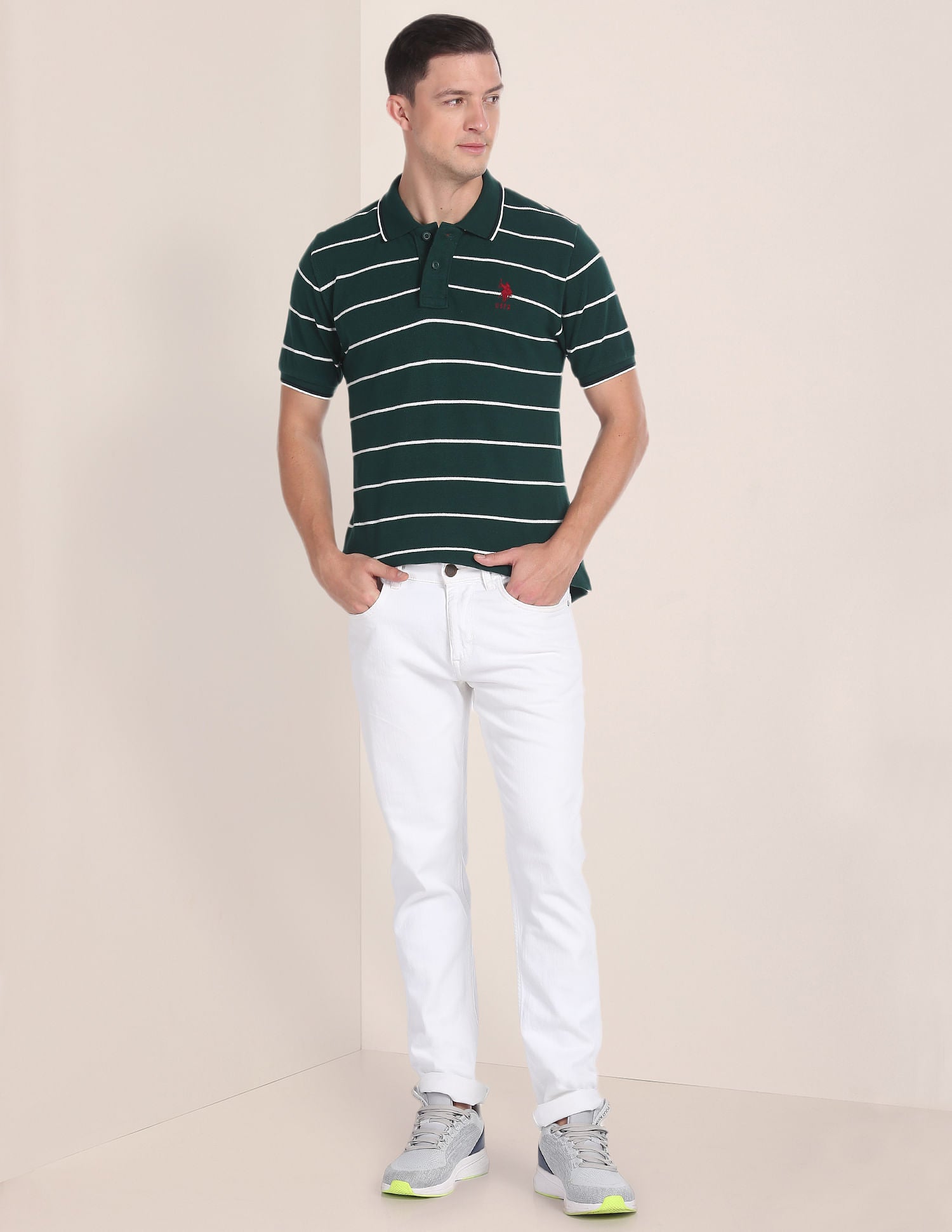 Horizontal Stripe Cotton Polo Shirt Dark Green - U.S. POLO ASSN. | Large