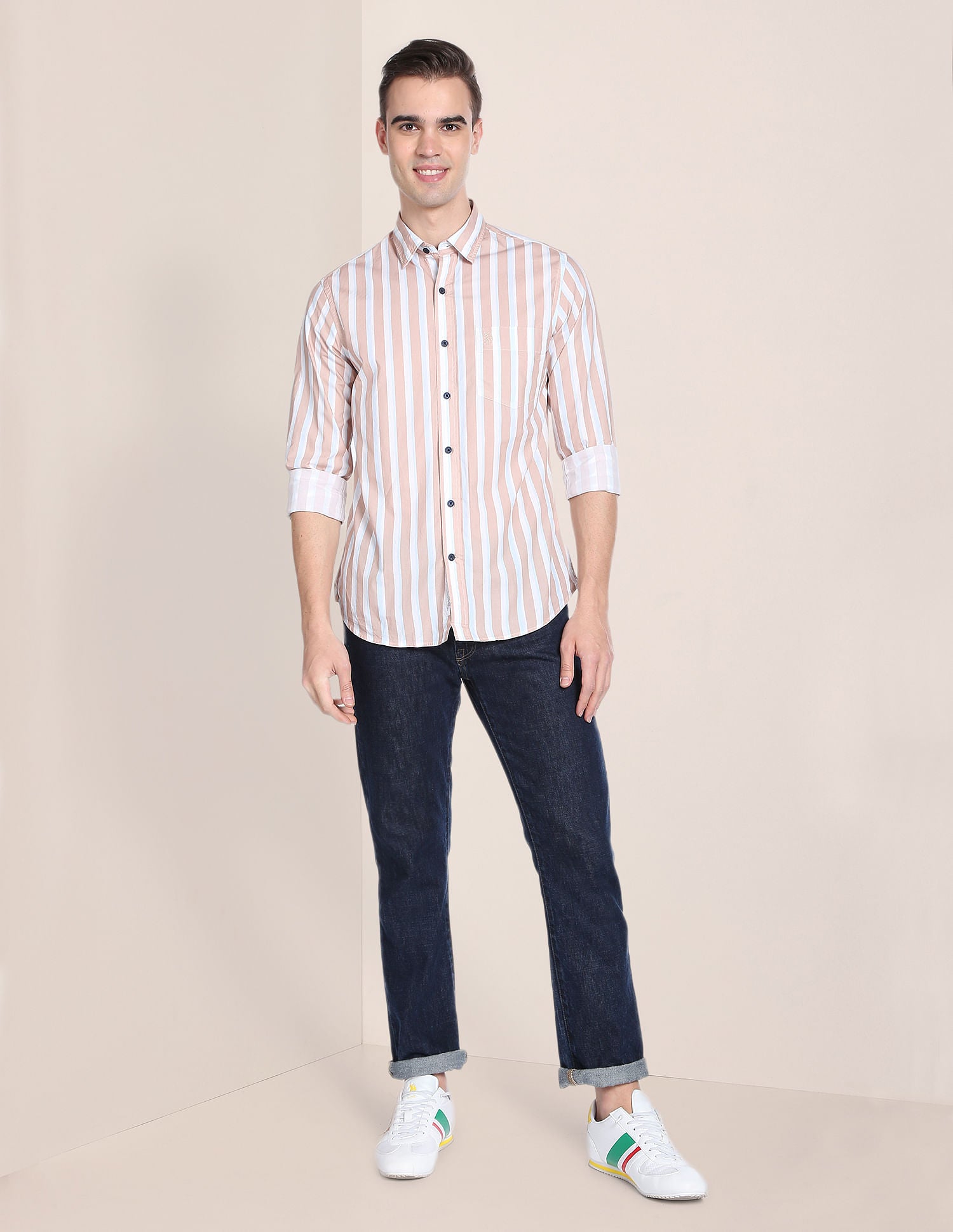 Men Beige Vertical Stripe Cotton Casual Shirt Beige - U.S. POLO ASSN. | Large