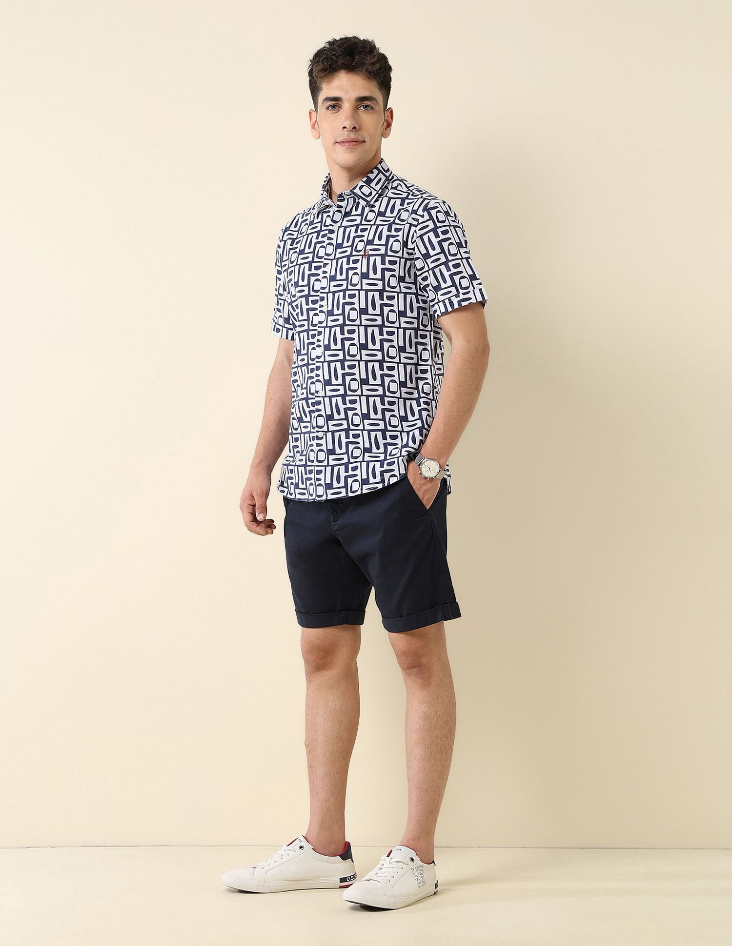 All-Over Printed Cotton Slub Shirt Navy - U.S. Polo Assn. India | Large