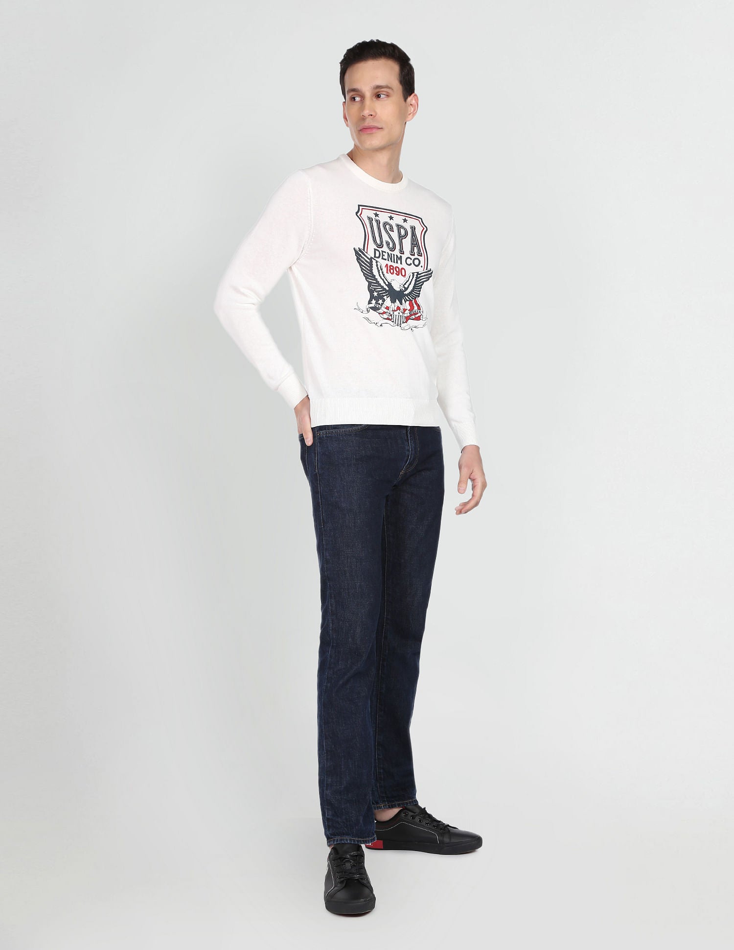 Crew Neck Graphic Print Cotton Sweater Off White - U.S. POLO ASSN. | Large