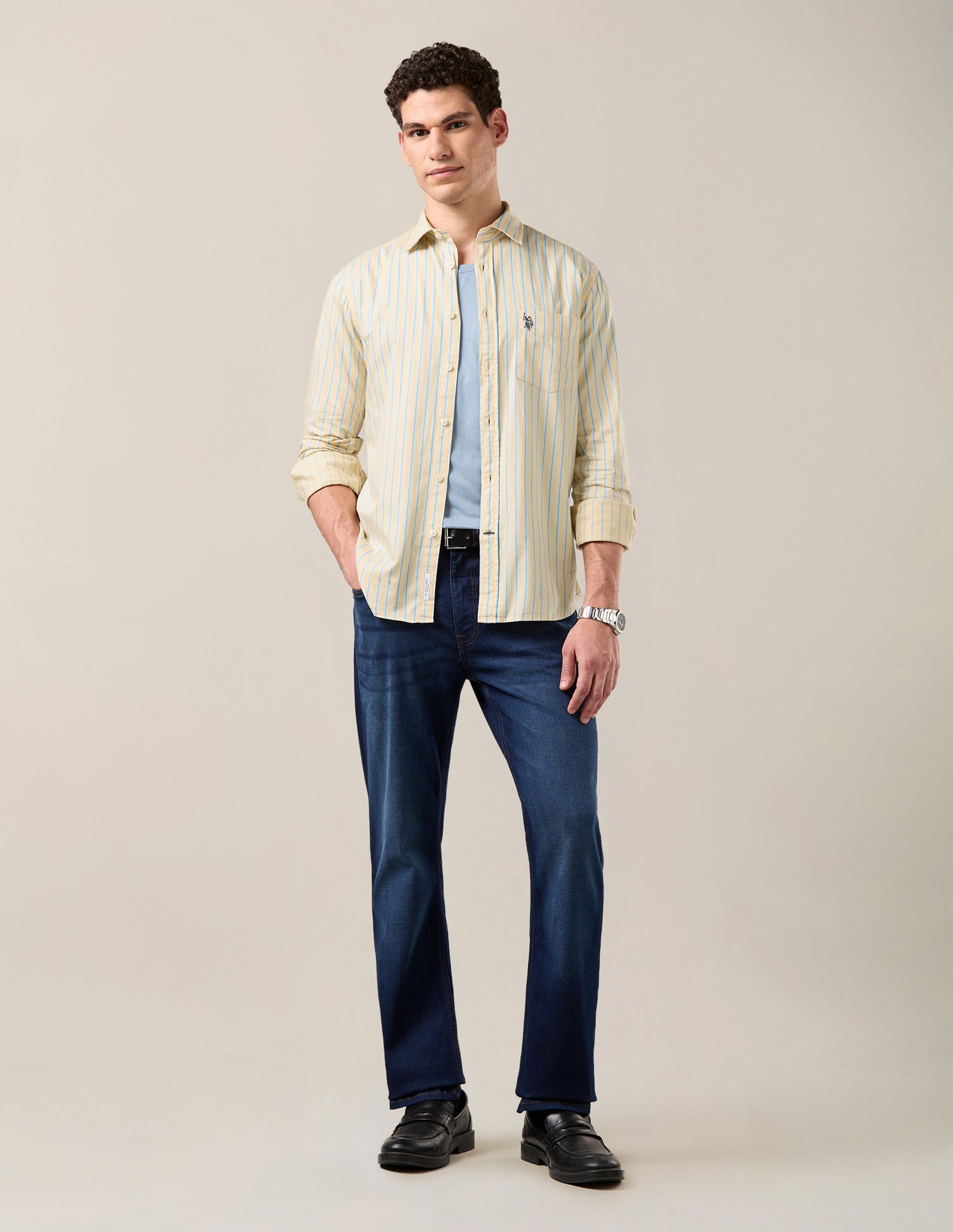 Vertical Striped Twill Shirt Light Yellow - U.S. Polo Assn. India | Large